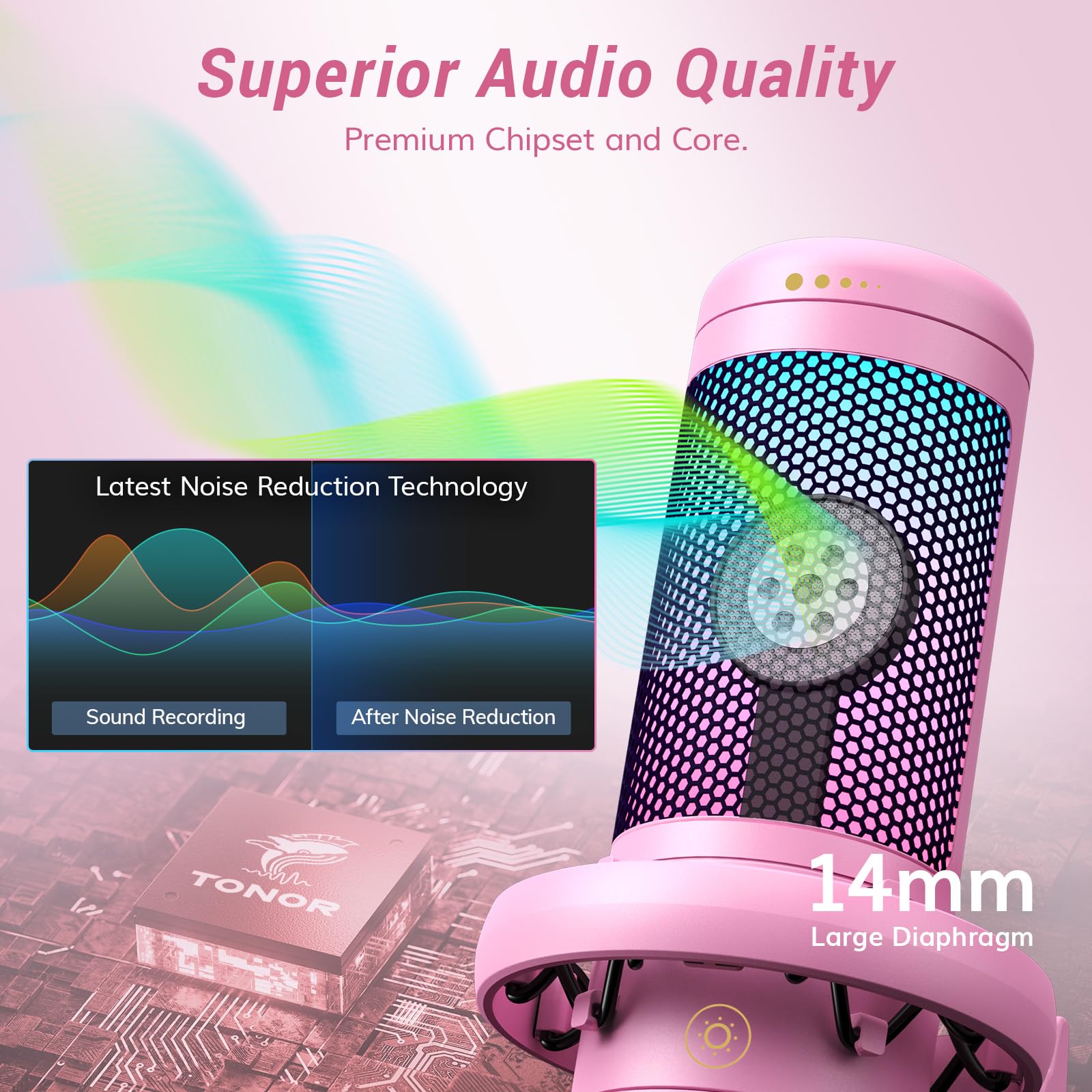 TONOR Gaming Microphone Set with Boom Arm, Vocal Condenser Microphone for PC with Stand, USB Mic with controllable RGB Light, One Tap Mute, Volume Control, for Discord, Twitch Streaming, TC310+