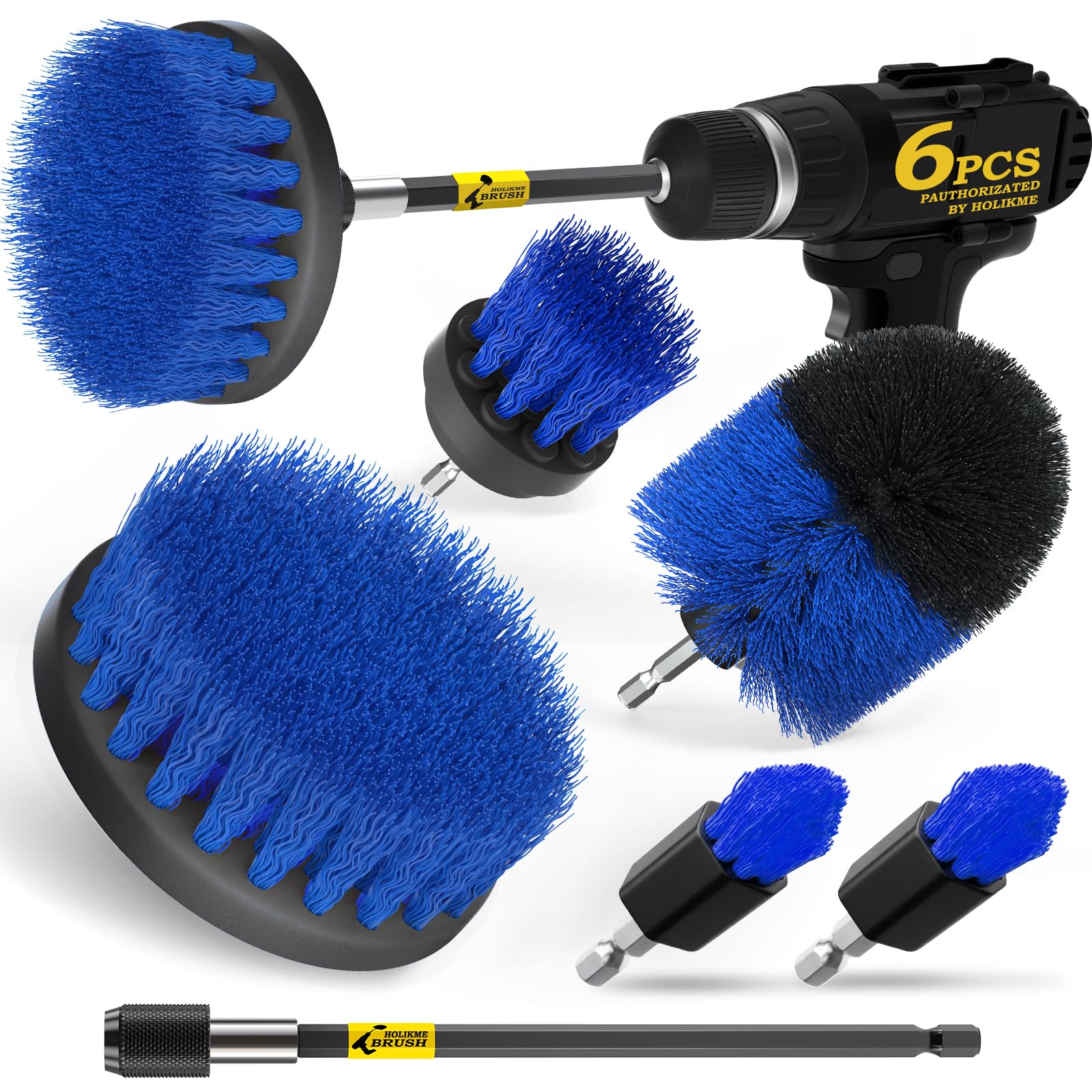 Holikme 6Pack Drill Brush Power Scrubber Cleaning Brush Extended Long Attachment Set All Purpose Drill Scrub Brushes Kit for Grout, Floor, Tub, Bathroom and Kitchen Surface,Scratch Brushes（Yellow）