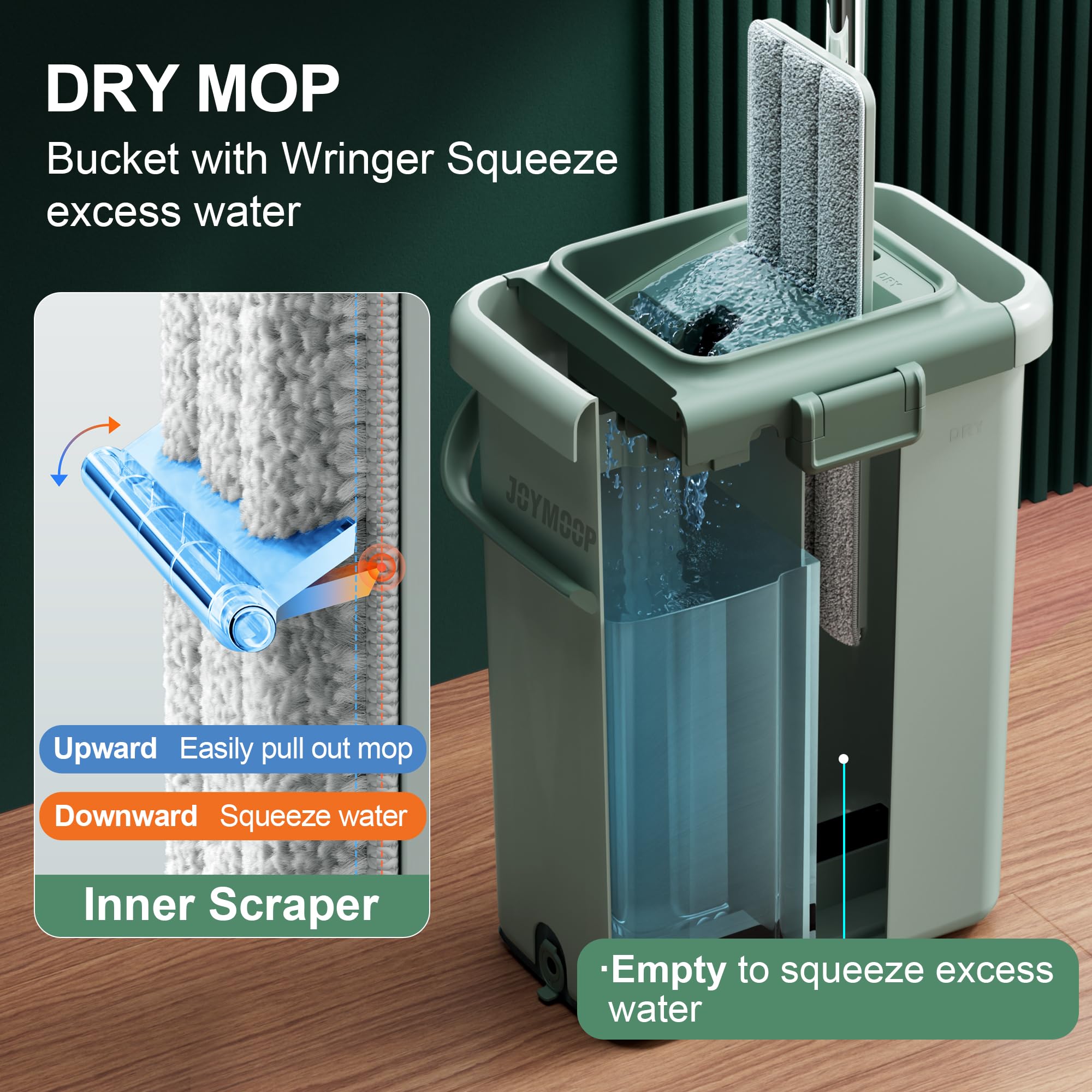 JOYMOOP Mop and Bucket Set, Hands-Free Flat Floor Mop with 3 Washable Microfiber Pads, Wet and Dry Use, Ideal for Home and Commercial Floor Cleaning