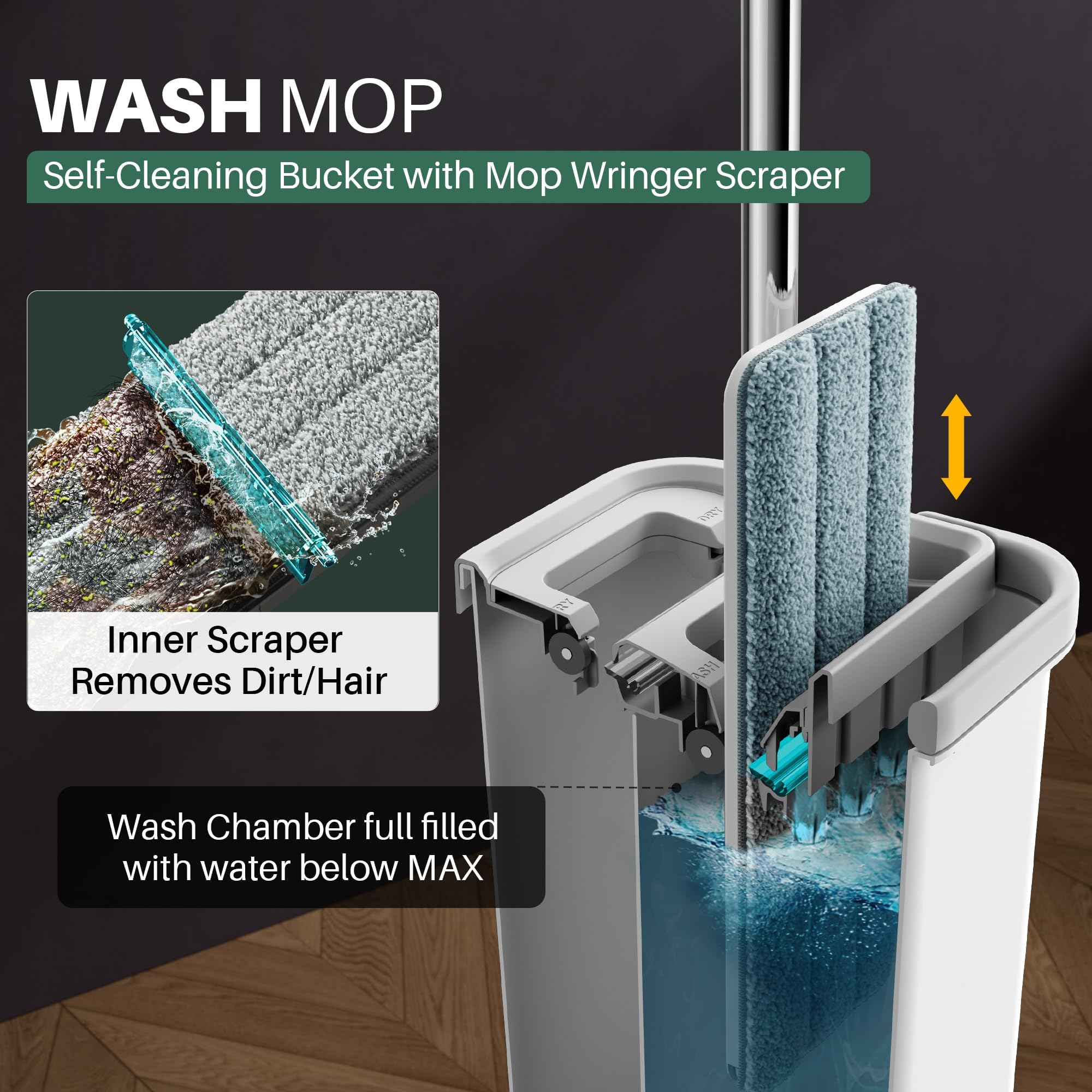 JOYMOOP Mop and Bucket Set, Hands-Free Flat Floor Mop with 3 Washable Microfiber Pads, Wet and Dry Use, Ideal for Home and Commercial Floor Cleaning