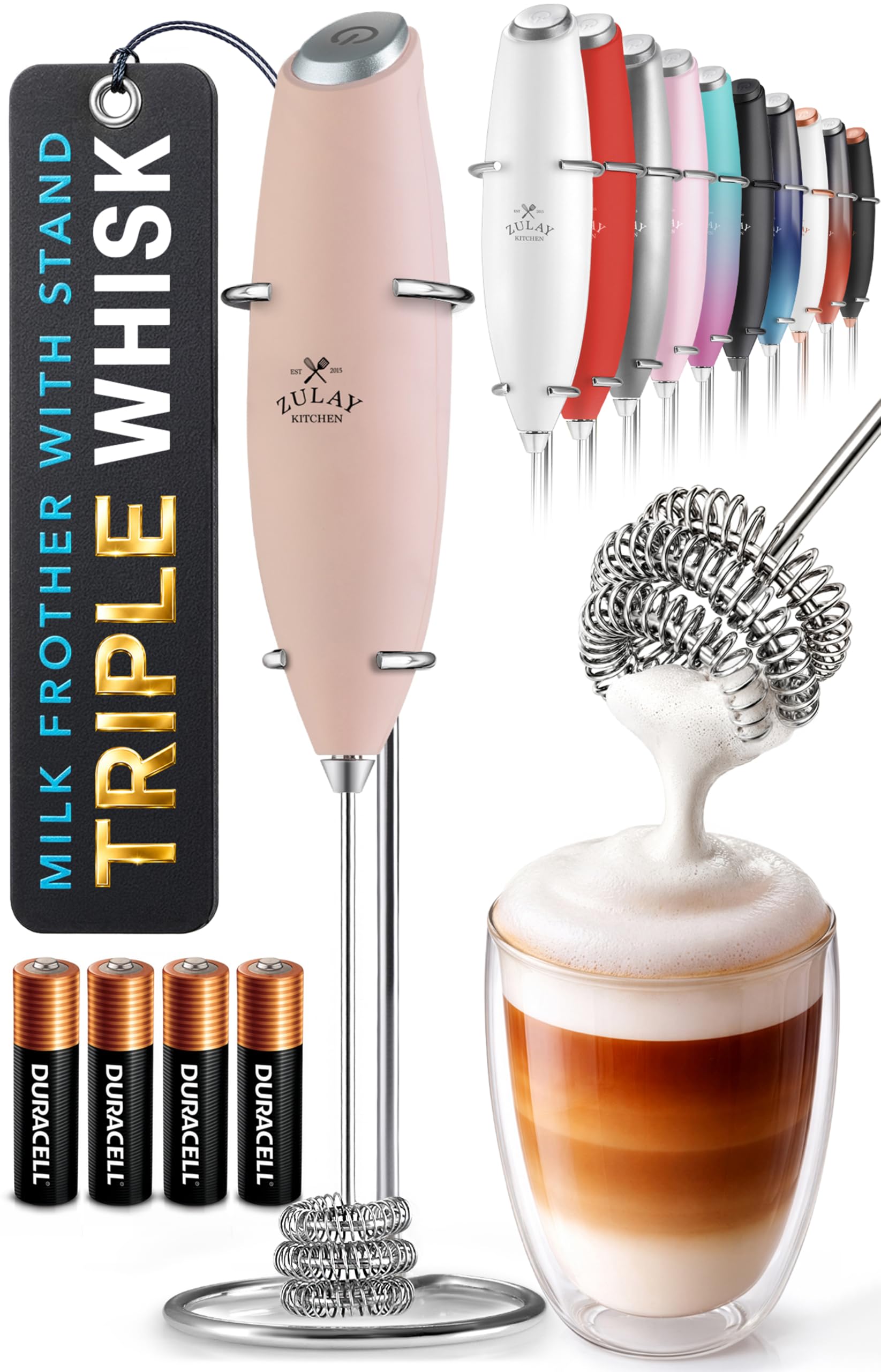 Zulay Kitchen Powerful Milk Frother Wand With Duracell Batteries - Ultra Fast Handheld Drink Mixer - Electric Whisk Foam Maker for Coffee, Lattes, Cappuccino & Matcha - Z1 Motor - Black