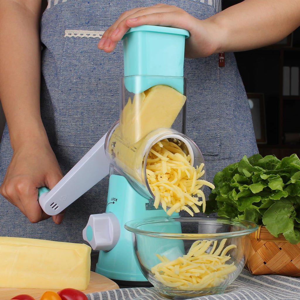 Cambom Rotary Cheese Grater Hand Crank Cheese Shredder for Fresh Cheese, Vegetable, Nuts,Non-slip Suction Base, Three Blades, Black