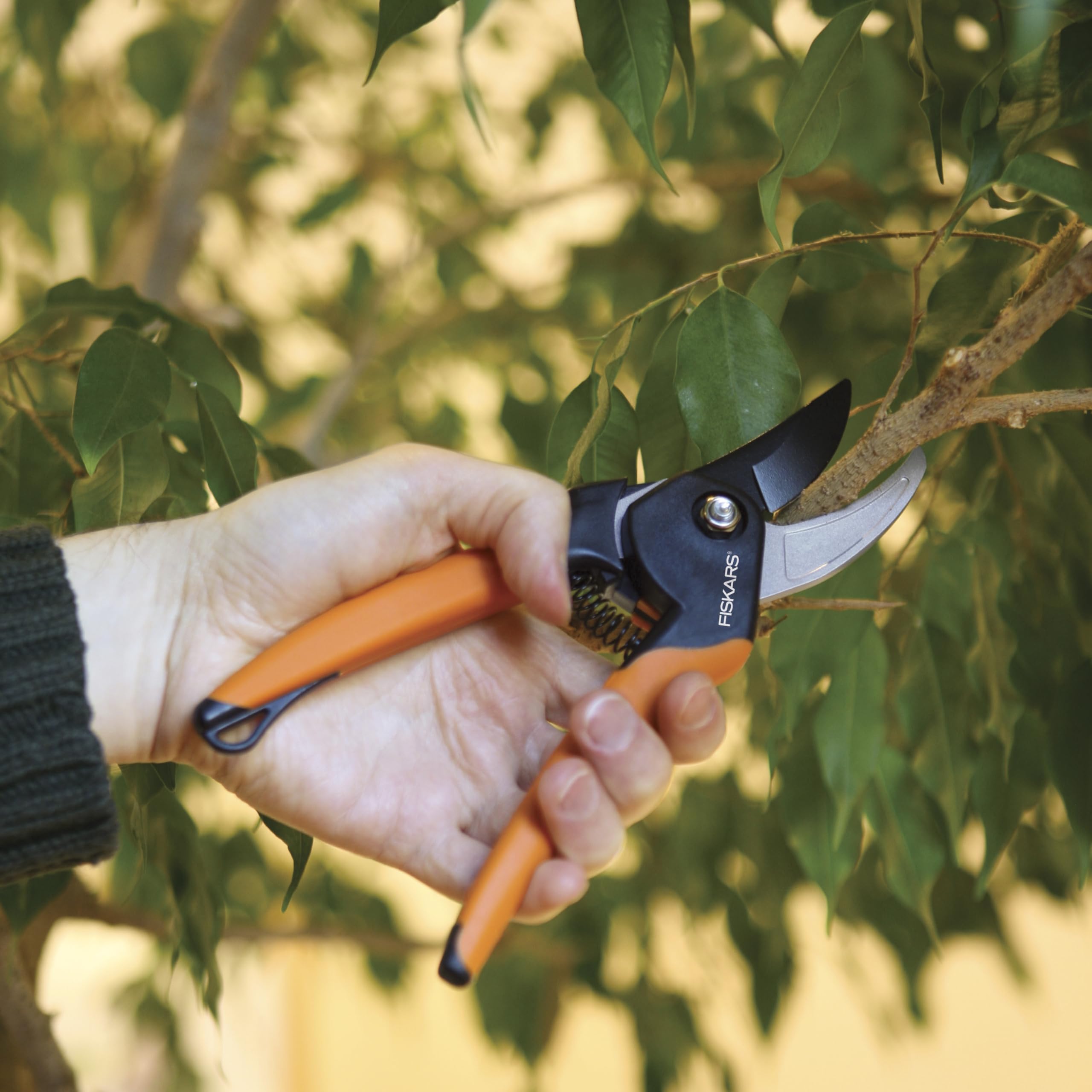 Fiskars Bypass Pruning Shears, 5/8" Cut Capacity Gardening Scissors, Self-Cleaning Sap Groove Prevents Sticking, Non-Slip Grip for Cutting Stems & Branches, Sharp Steel Blades w/ Low-Friction Coating