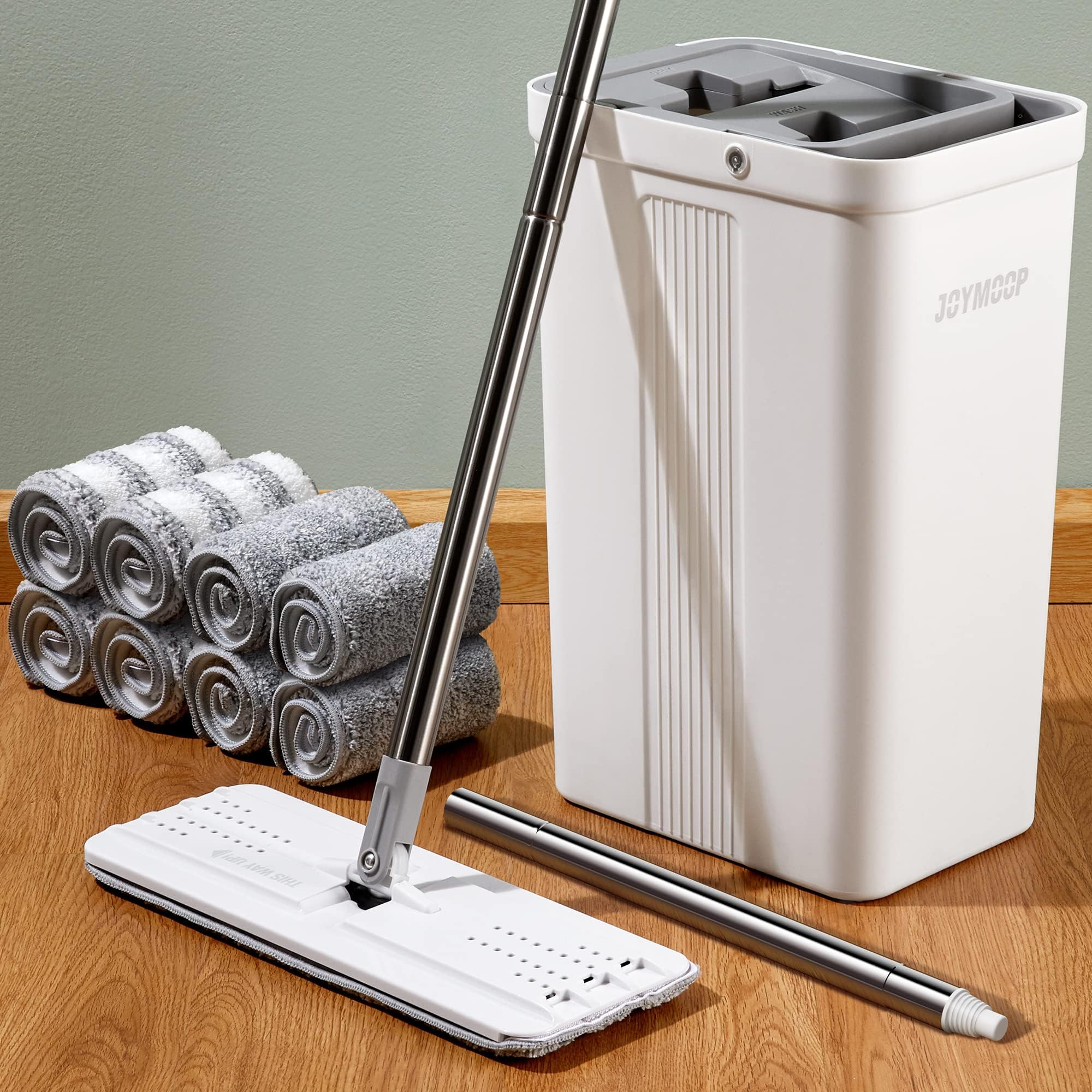 JOYMOOP Mop and Bucket Set, Hands-Free Flat Floor Mop with 3 Washable Microfiber Pads, Wet and Dry Use, Ideal for Home and Commercial Floor Cleaning