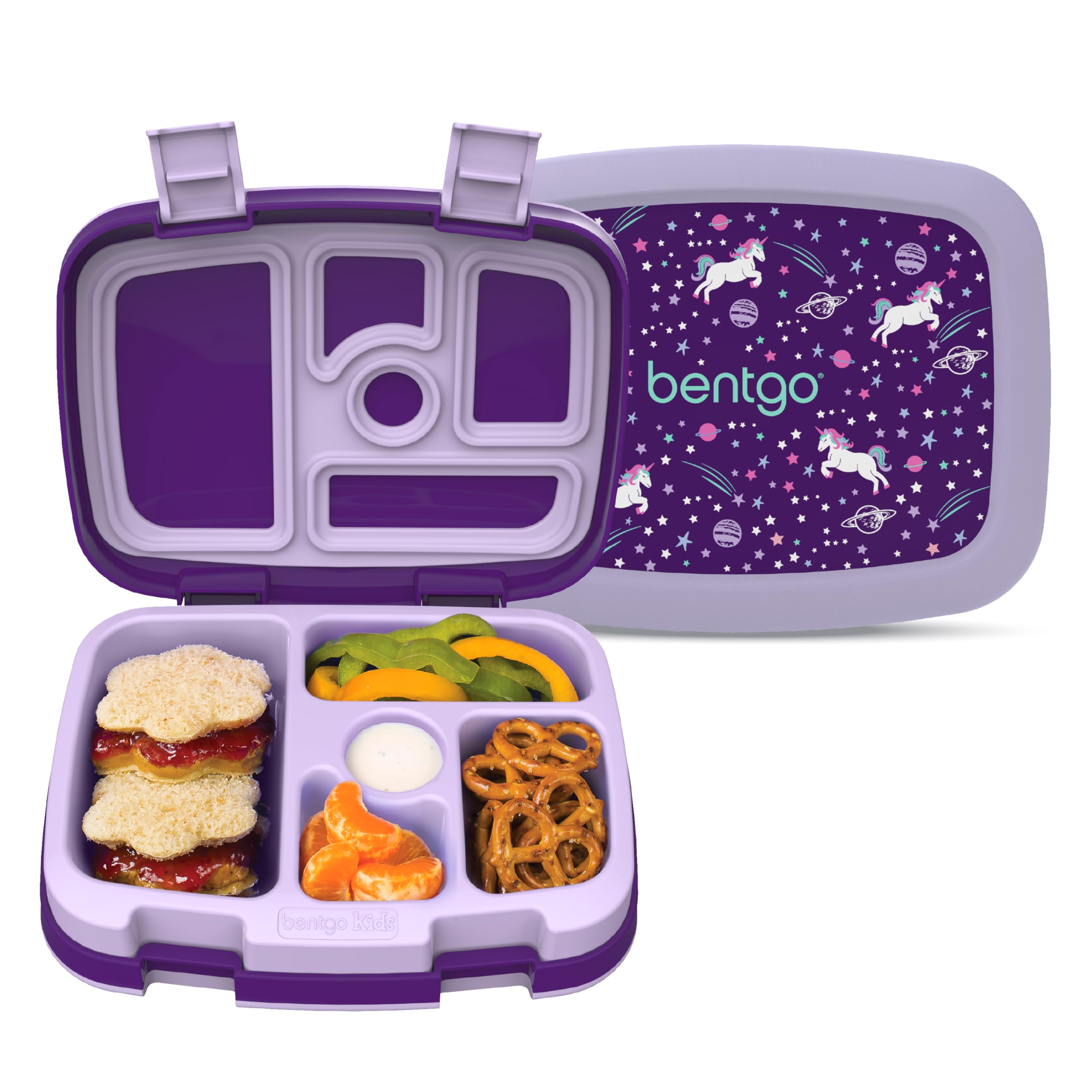 Bentgo Kids Prints Leak-Proof, 5-Compartment Bento-Style Kids Lunch Box - Ideal Portion Sizes for Ages 3-7, Durable, Drop-Proof, Dishwasher Safe, & PFAS & BPA-Free Materials (Unicorn)