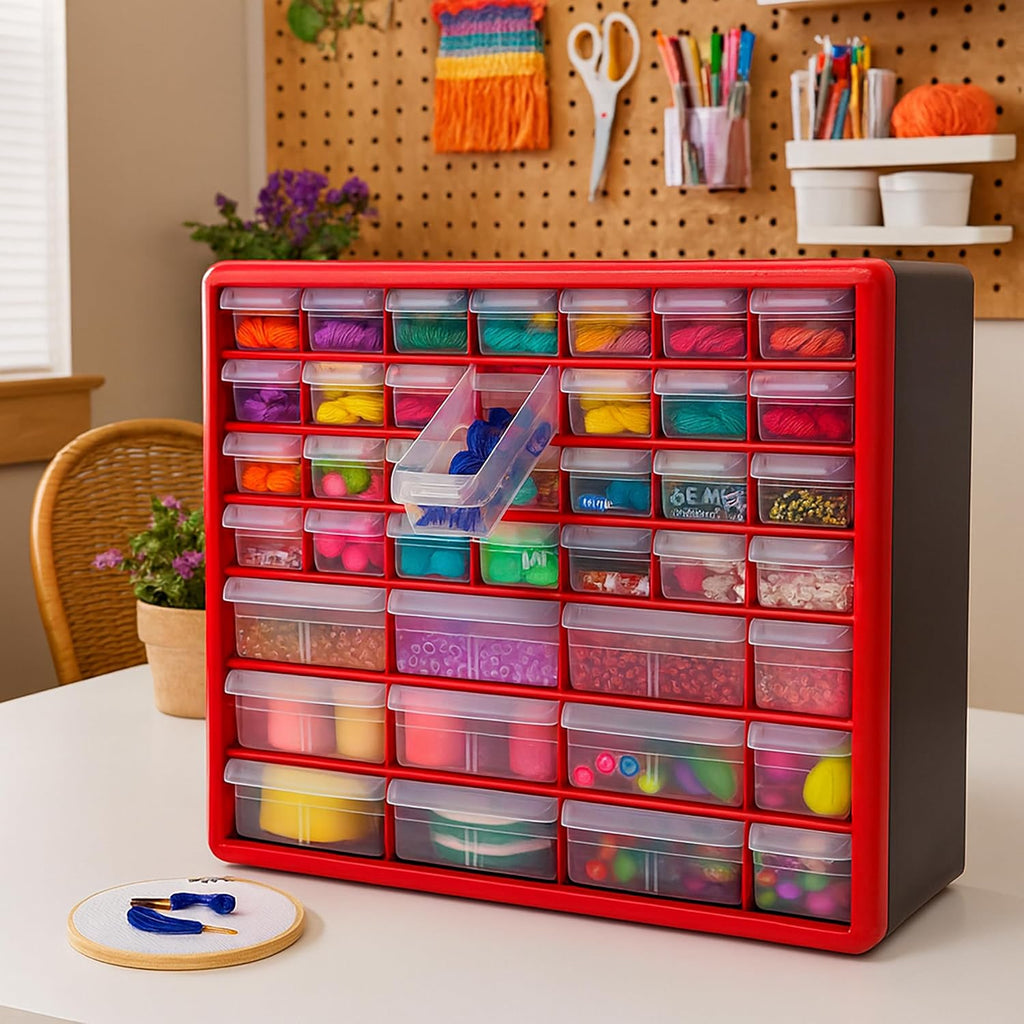 Akro-Mils 26-Drawer Plastic Drawer Storage Cabinet for Garage Organization, Bead Organizer, Building Bricks Storage, Teacher Toolbox, Makeup Organizer, 20" W x 6" D x 10" H, 10126 Yellow