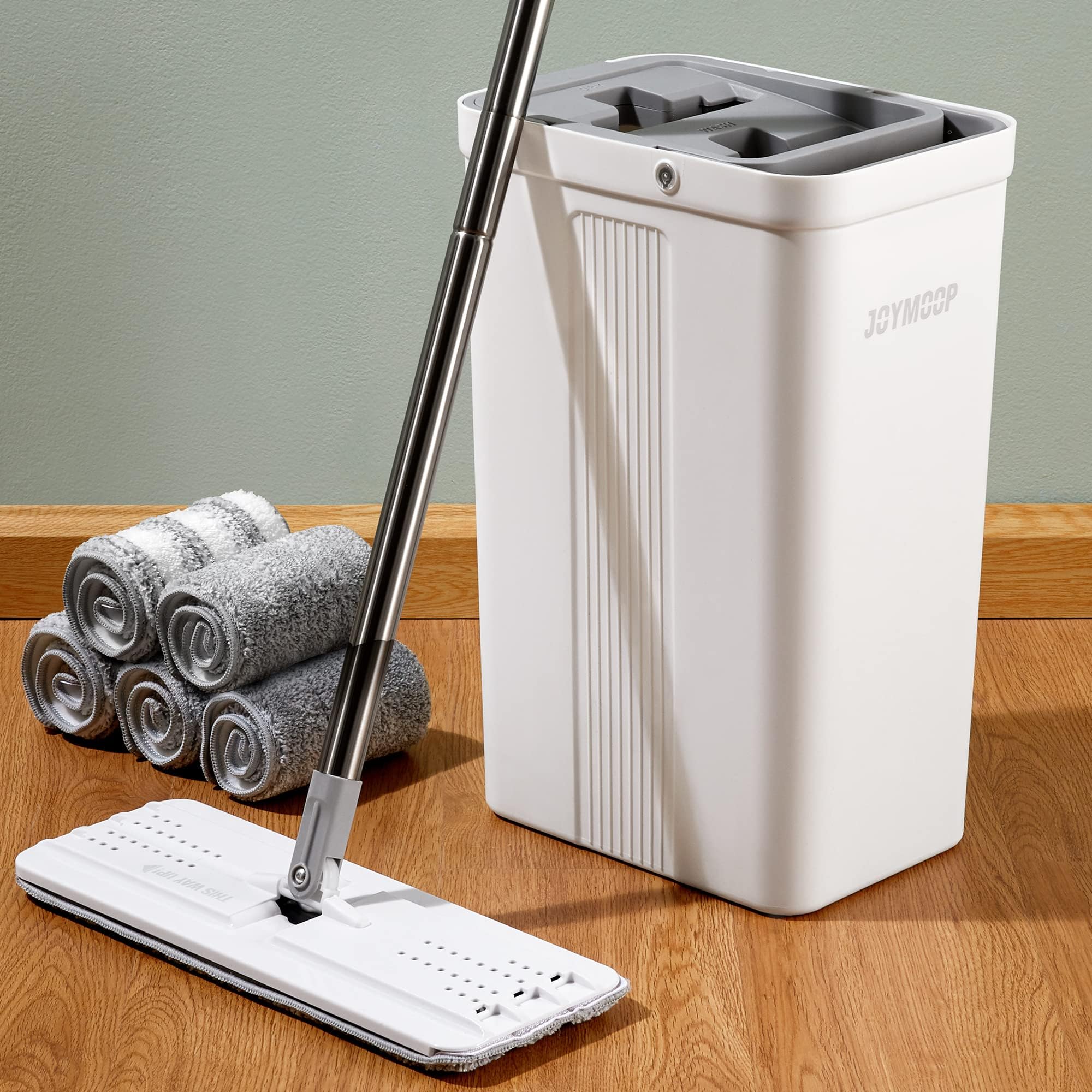JOYMOOP Mop and Bucket Set, Hands-Free Flat Floor Mop with 3 Washable Microfiber Pads, Wet and Dry Use, Ideal for Home and Commercial Floor Cleaning