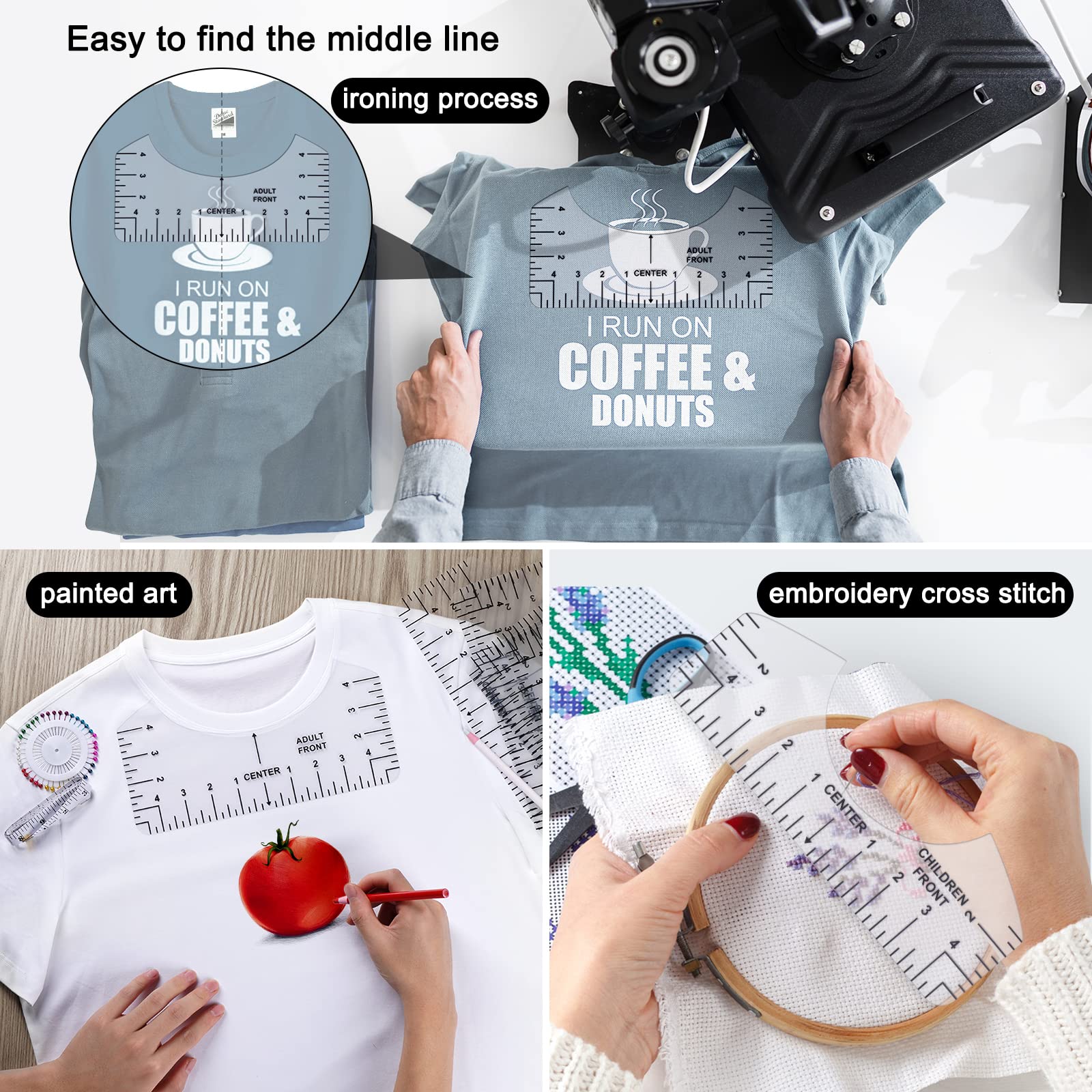 9Pcs Tshirt-Ruler Guide to Center Vinyl, Transparent V-Neck/Round PVC Ruler for Alignment, Heat Press, Children Youth Adult, Front and Back Measurement (10in)