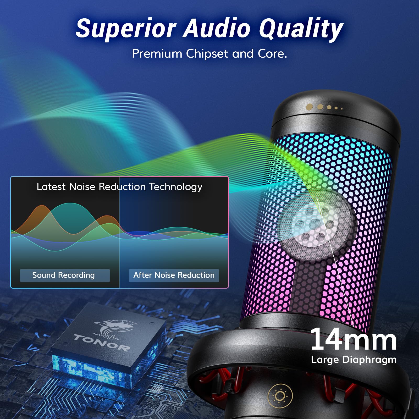 TONOR Gaming Microphone Set with Boom Arm, Vocal Condenser Microphone for PC with Stand, USB Mic with controllable RGB Light, One Tap Mute, Volume Control, for Discord, Twitch Streaming, TC310+