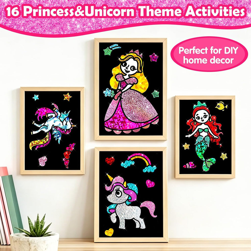 FUNNYB&G Foil Art Craft Kit for Girls 4-10 Years Old: Mess-Free & No-Glue, Create 16 Sparkly Princess Unicorn Pictures – Perfect Travel Toy & Birthday Gift for Kids (Princess)