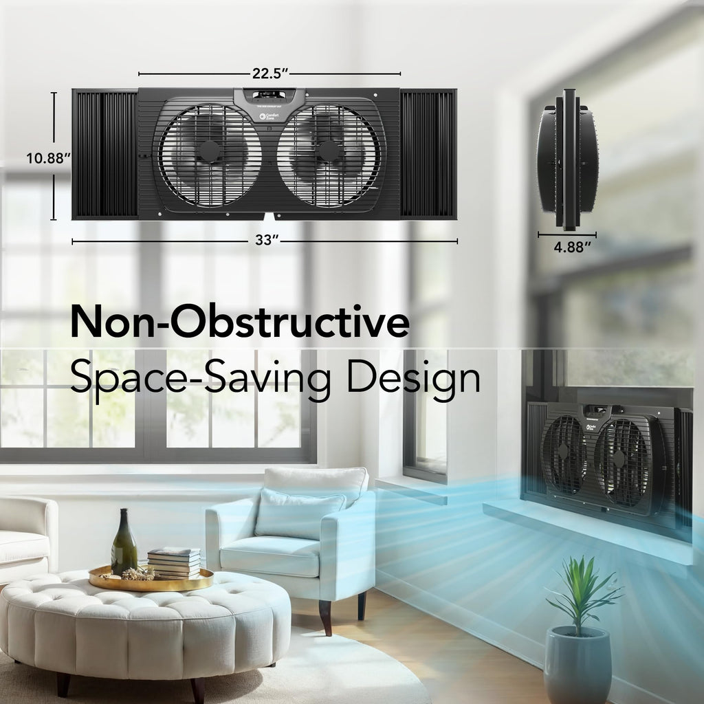 Comfort Zone Twin Window Fan with Reversible Airflow Control, 9 inch, Auto-Locking Expanders, 2 Speed Fan, Dual Fan, Exhaust, Airflow 9.84 ft/sec, Ideal for Home, Kitchen, Bedroom & Office, CZ319WT
