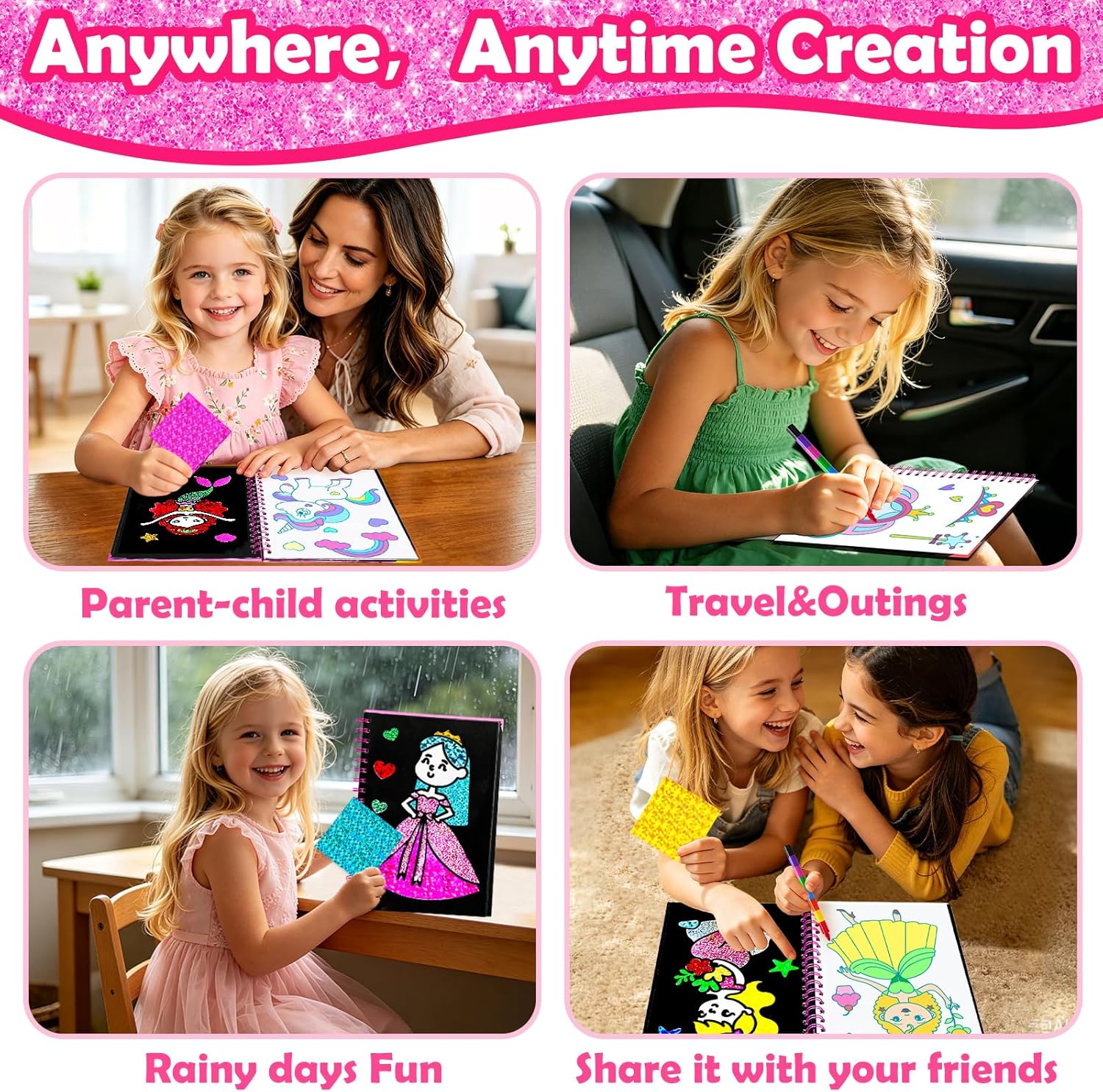 FUNNYB&G Foil Art Craft Kit for Girls 4-10 Years Old: Mess-Free & No-Glue, Create 16 Sparkly Princess Unicorn Pictures – Perfect Travel Toy & Birthday Gift for Kids (Princess)