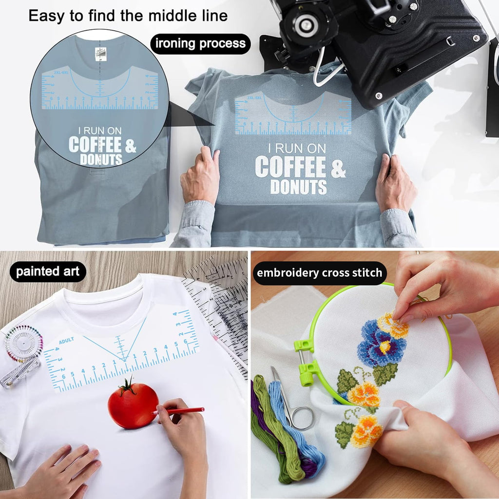 9Pcs Tshirt-Ruler Guide to Center Vinyl, Transparent V-Neck/Round PVC Ruler for Alignment, Heat Press, Children Youth Adult, Front and Back Measurement (10in)