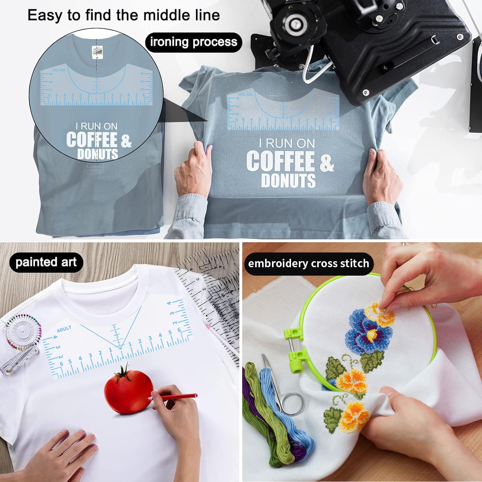 9Pcs Tshirt-Ruler Guide to Center Vinyl, Transparent V-Neck/Round PVC Ruler for Alignment, Heat Press, Children Youth Adult, Front and Back Measurement (10in)