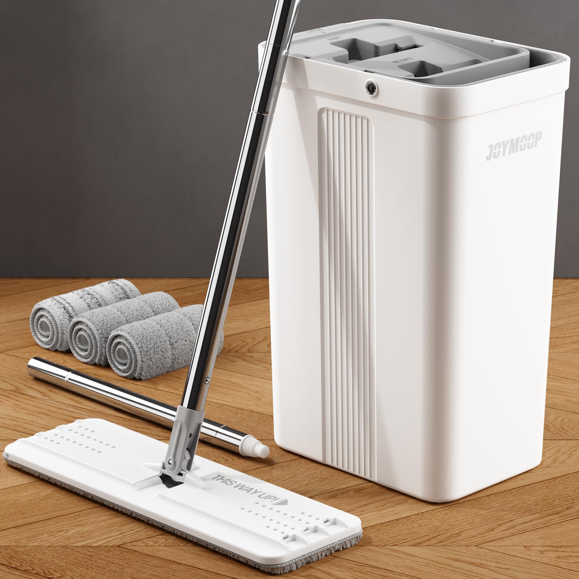 JOYMOOP Mop and Bucket Set, Hands-Free Flat Floor Mop with 3 Washable Microfiber Pads, Wet and Dry Use, Ideal for Home and Commercial Floor Cleaning