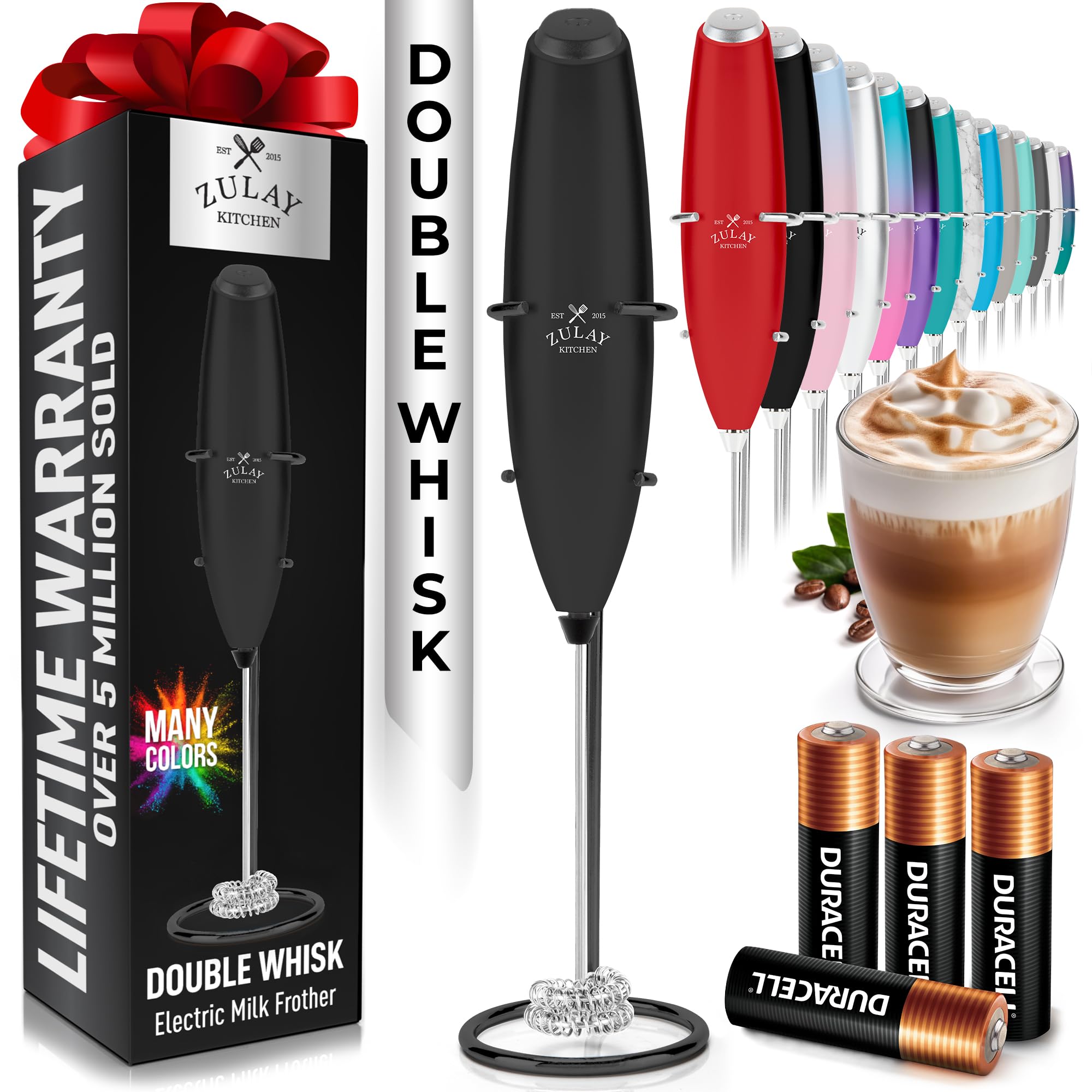 Zulay Kitchen Powerful Milk Frother Wand With Duracell Batteries - Ultra Fast Handheld Drink Mixer - Electric Whisk Foam Maker for Coffee, Lattes, Cappuccino & Matcha - Z1 Motor - Black
