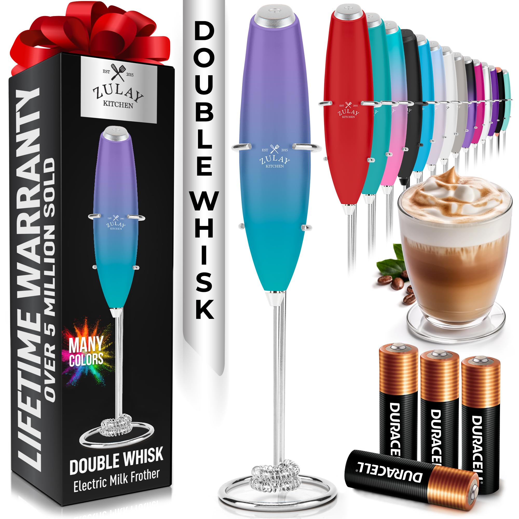 Zulay Kitchen Powerful Milk Frother Wand With Duracell Batteries - Ultra Fast Handheld Drink Mixer - Electric Whisk Foam Maker for Coffee, Lattes, Cappuccino & Matcha - Z1 Motor - Black