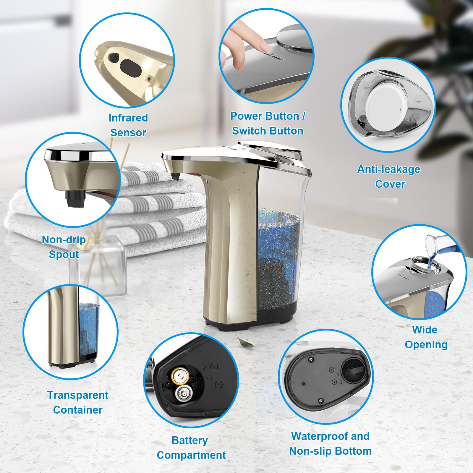 PZOTRUF Automatic Soap Dispenser, Touchless Dish Soap Dispenser 17oz/500ml with Infrared Sensor, 5 Adjustable Soap Dispensing Levels, Liquid Hand Dispenser for Bathroom Kitchen Sink (Silver)