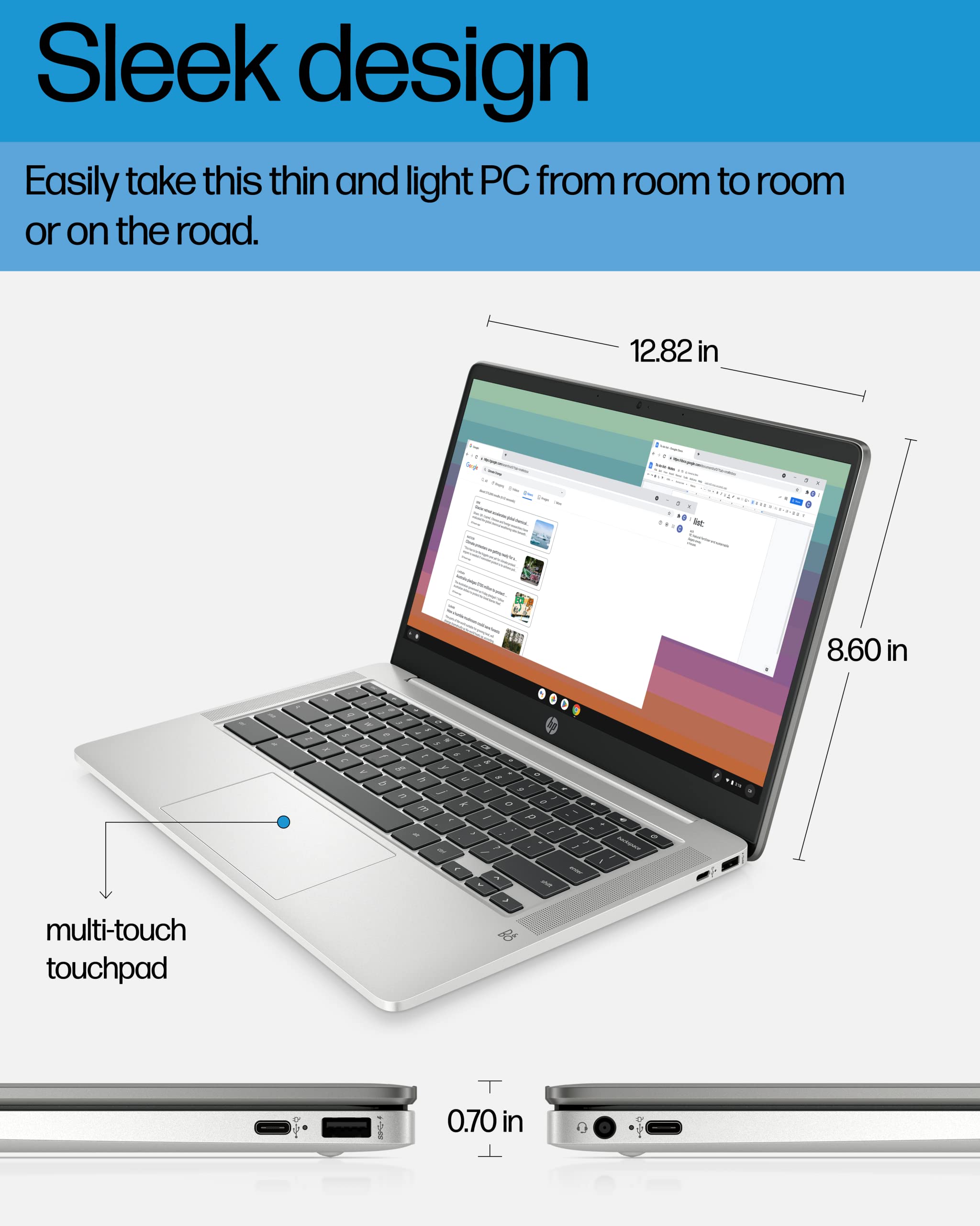 HP Chromebook 14 Laptop, Intel Celeron N4120, 4 GB RAM, 64 GB eMMC, 14" HD Display, Chrome OS, Thin Design, 4K Graphics, Long Battery Life, Ash Gray Keyboard (14a-na0226nr, 2022, Mineral Silver)