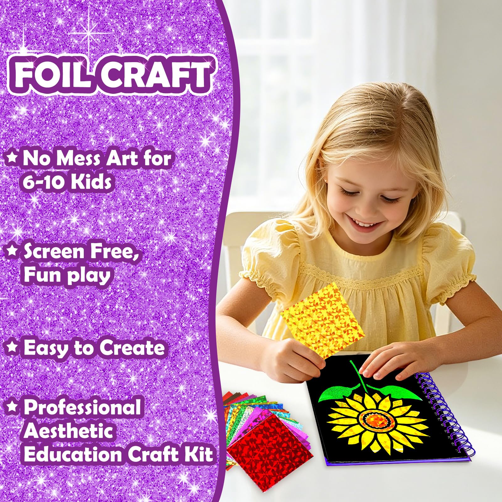 FUNNYB&G Foil Art Craft Kit for Girls 4-10 Years Old: Mess-Free & No-Glue, Create 16 Sparkly Princess Unicorn Pictures – Perfect Travel Toy & Birthday Gift for Kids (Princess)