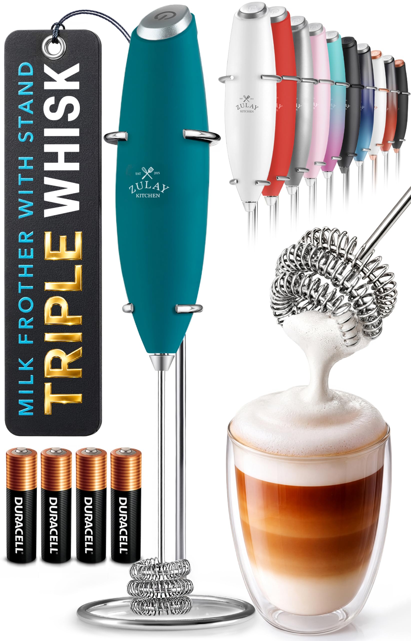 Zulay Kitchen Powerful Milk Frother Wand With Duracell Batteries - Ultra Fast Handheld Drink Mixer - Electric Whisk Foam Maker for Coffee, Lattes, Cappuccino & Matcha - Z1 Motor - Black