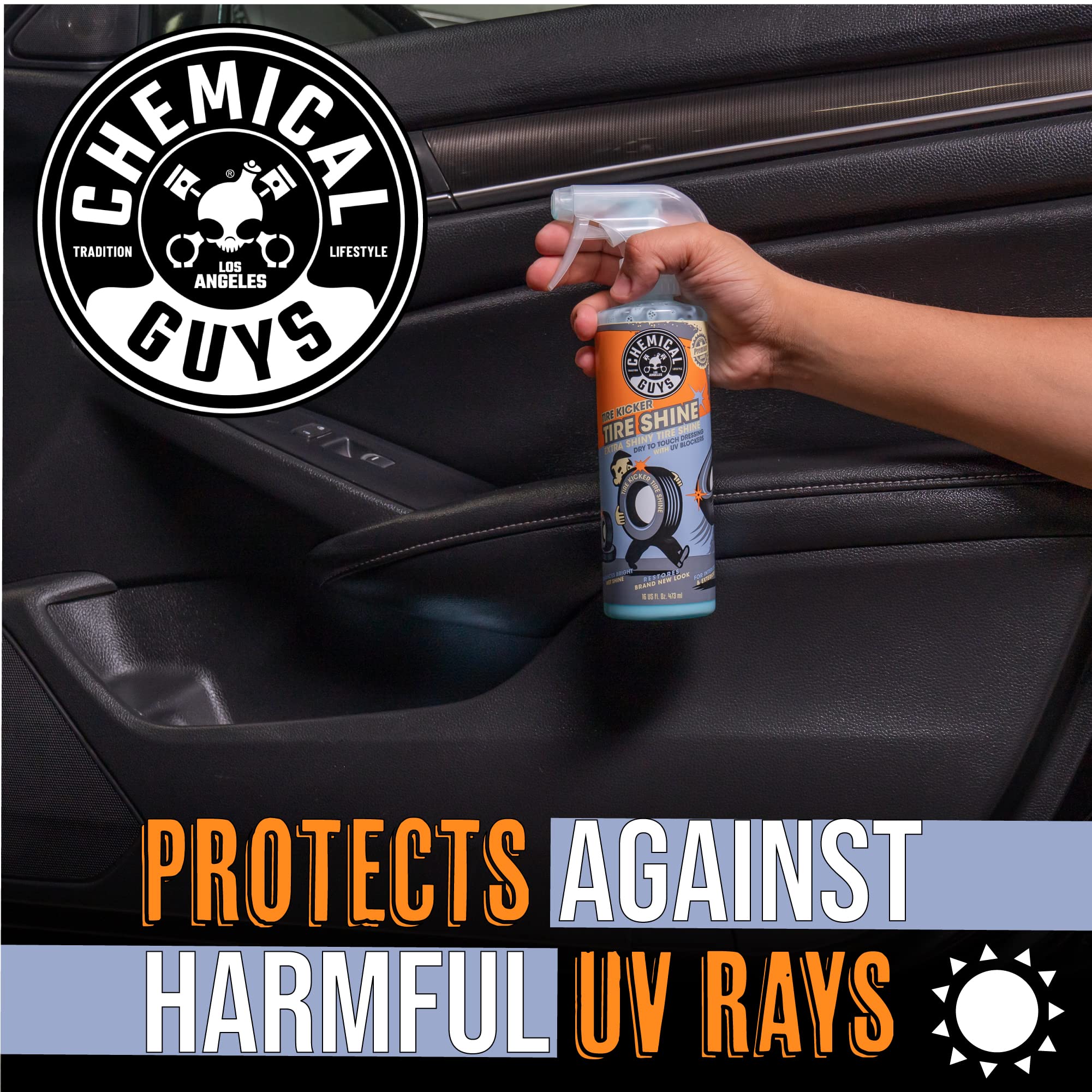 Chemical Guys Tire Kicker Sprayable Extra Glossy Tire Shine Spray, Dry-to-Touch Dressing - Restores Wet Look to Rubber, Vinyl, and Plastic, Safe for Cars, Trucks, Motorcycles, RVs, and More - 16 oz