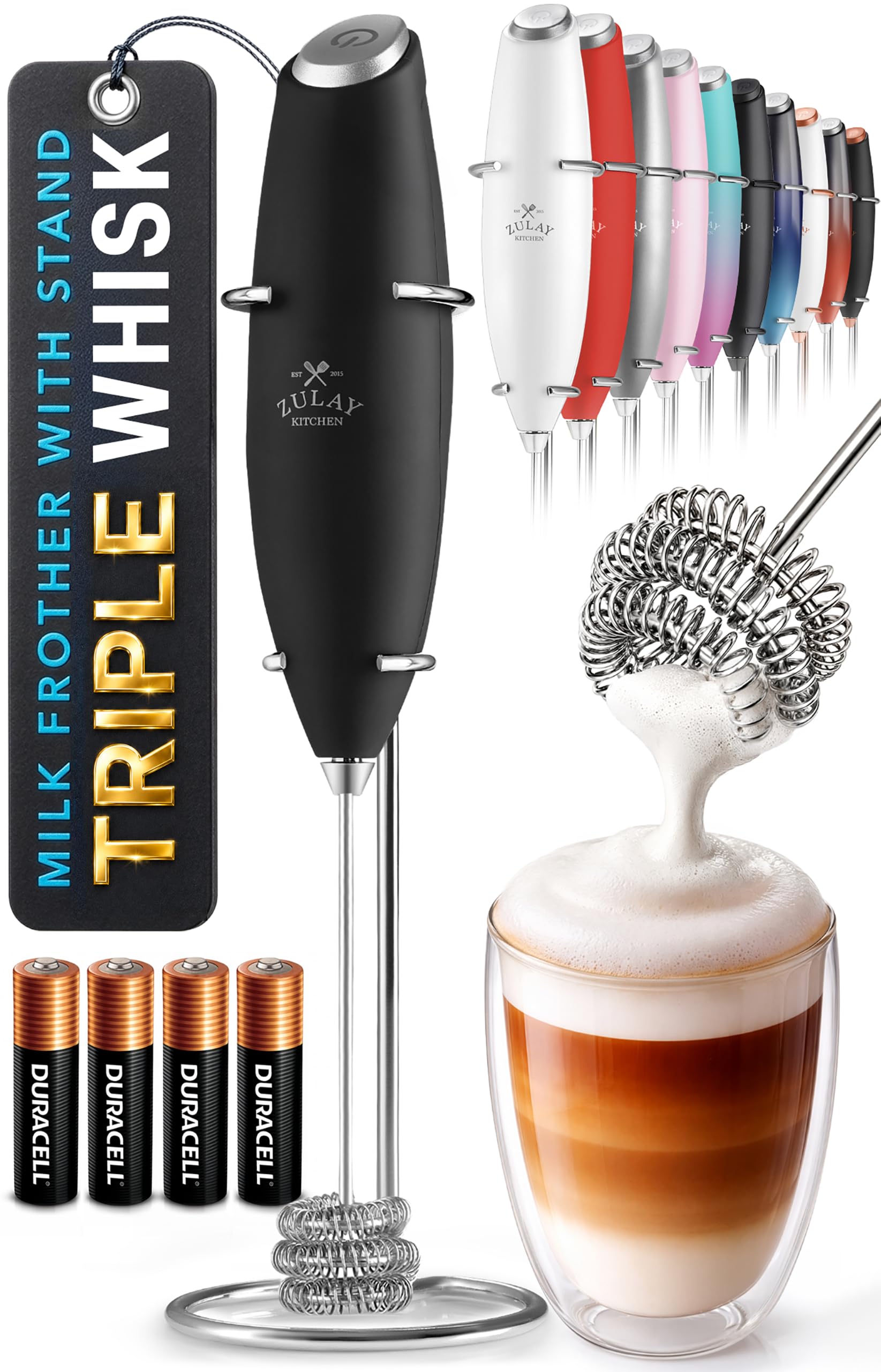 Zulay Kitchen Powerful Milk Frother Wand With Duracell Batteries - Ultra Fast Handheld Drink Mixer - Electric Whisk Foam Maker for Coffee, Lattes, Cappuccino & Matcha - Z1 Motor - Black