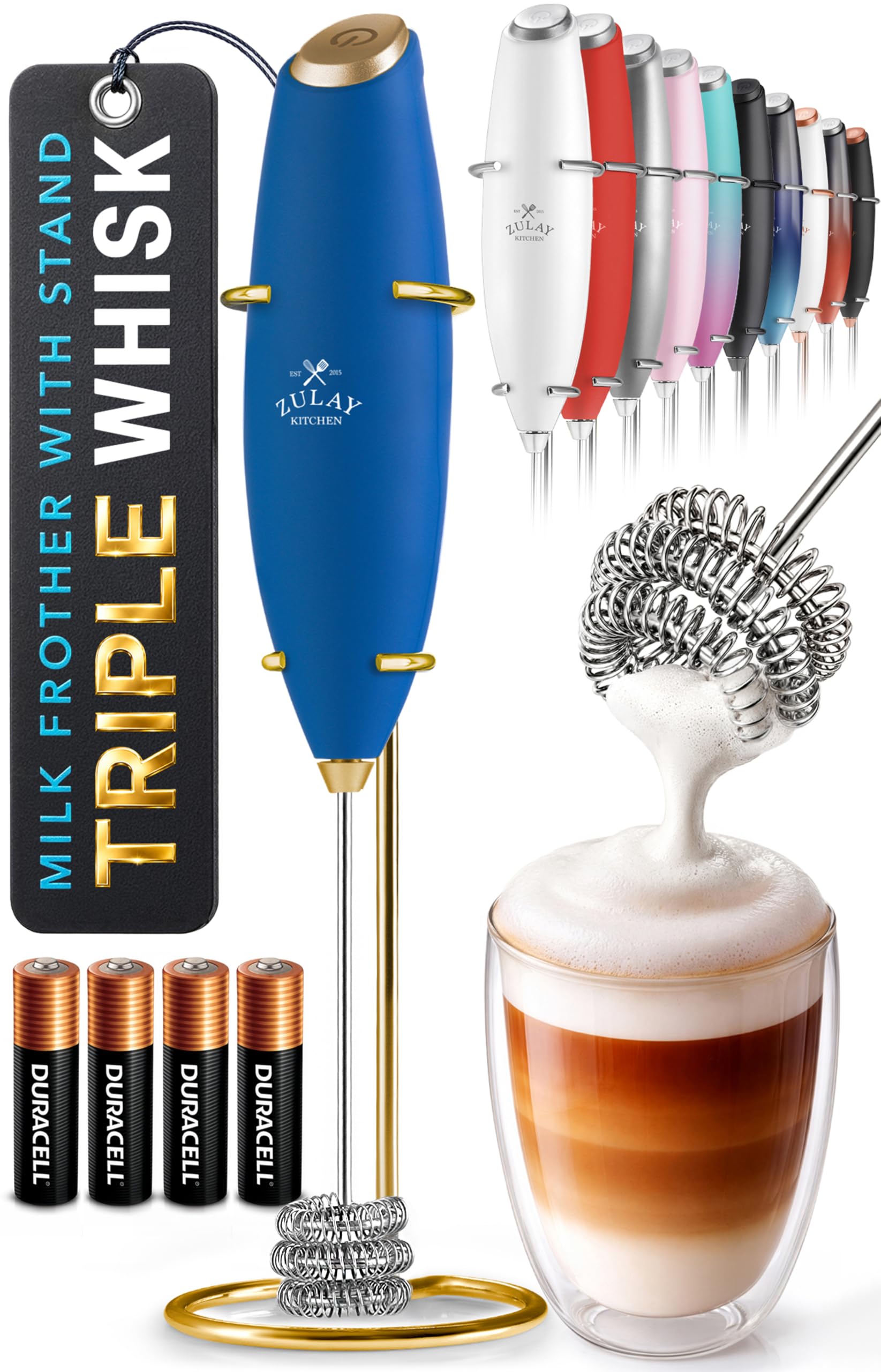 Zulay Kitchen Powerful Milk Frother Wand With Duracell Batteries - Ultra Fast Handheld Drink Mixer - Electric Whisk Foam Maker for Coffee, Lattes, Cappuccino & Matcha - Z1 Motor - Black