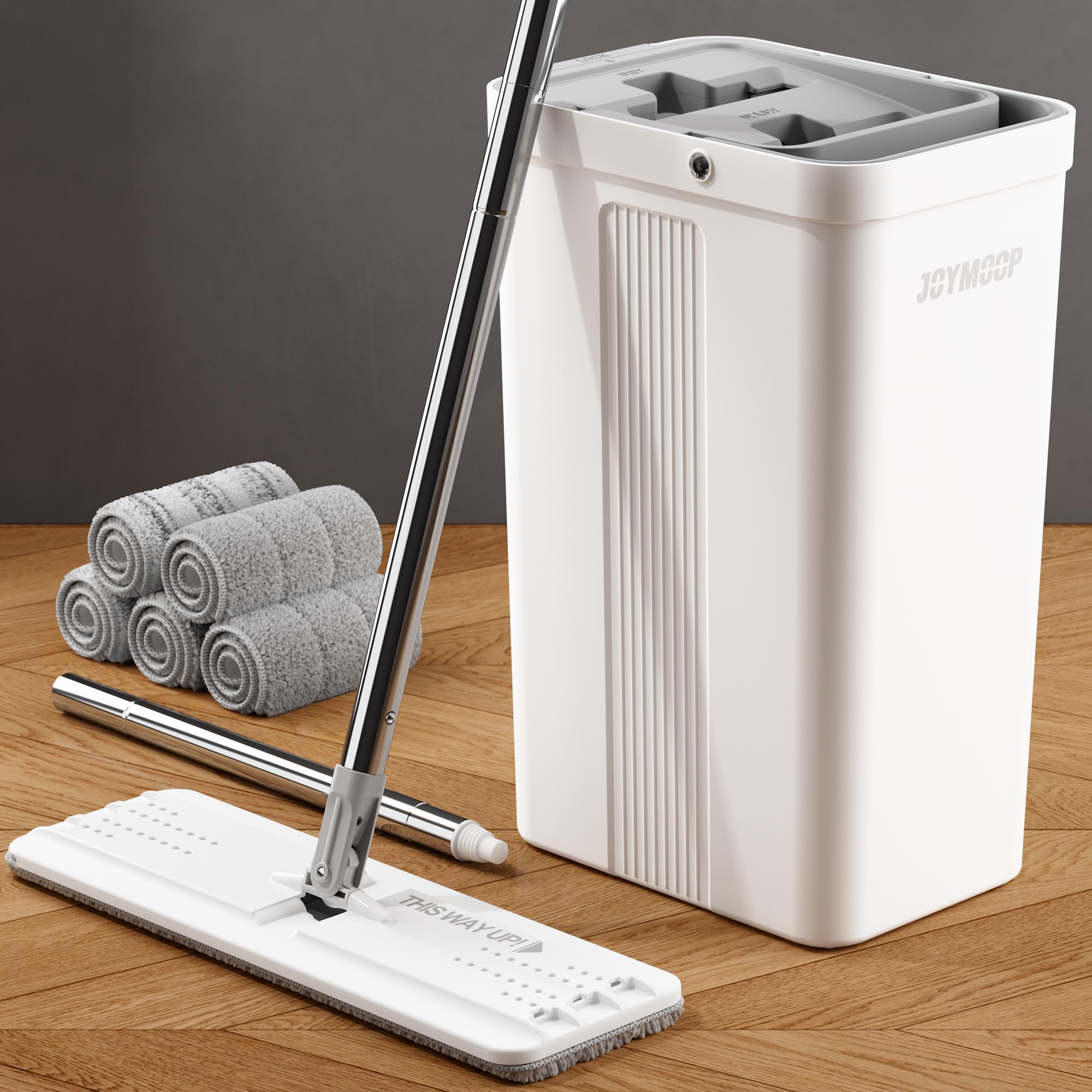 JOYMOOP Mop and Bucket Set, Hands-Free Flat Floor Mop with 3 Washable Microfiber Pads, Wet and Dry Use, Ideal for Home and Commercial Floor Cleaning