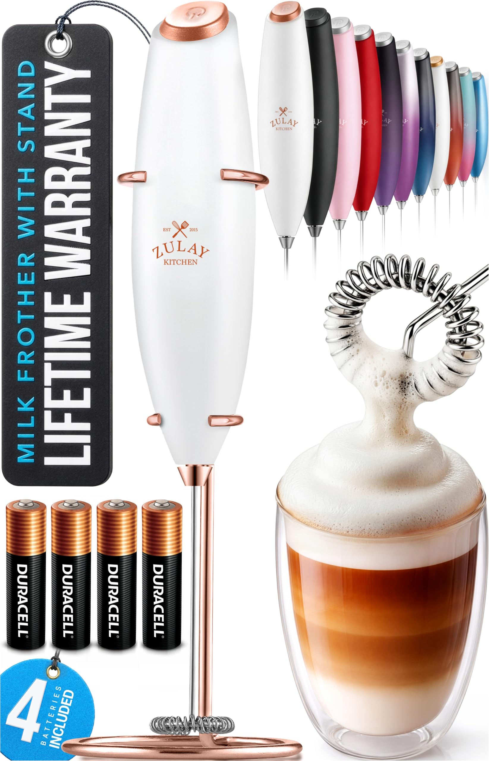 Zulay Kitchen Powerful Milk Frother Wand With Duracell Batteries - Ultra Fast Handheld Drink Mixer - Electric Whisk Foam Maker for Coffee, Lattes, Cappuccino & Matcha - Z1 Motor - Black