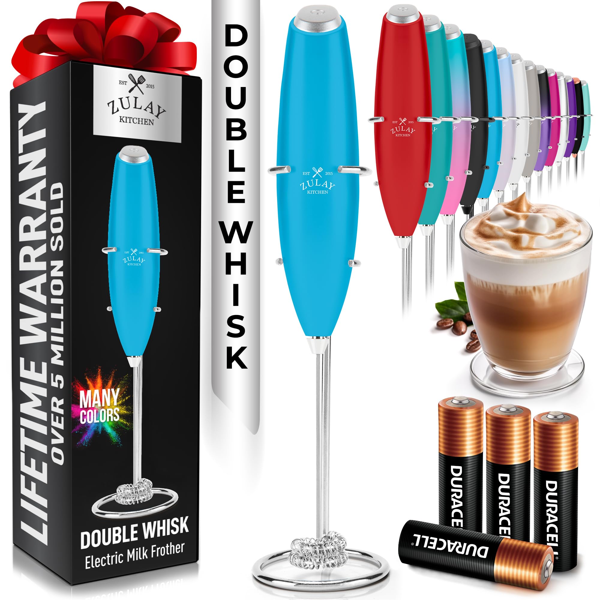 Zulay Kitchen Powerful Milk Frother Wand With Duracell Batteries - Ultra Fast Handheld Drink Mixer - Electric Whisk Foam Maker for Coffee, Lattes, Cappuccino & Matcha - Z1 Motor - Black