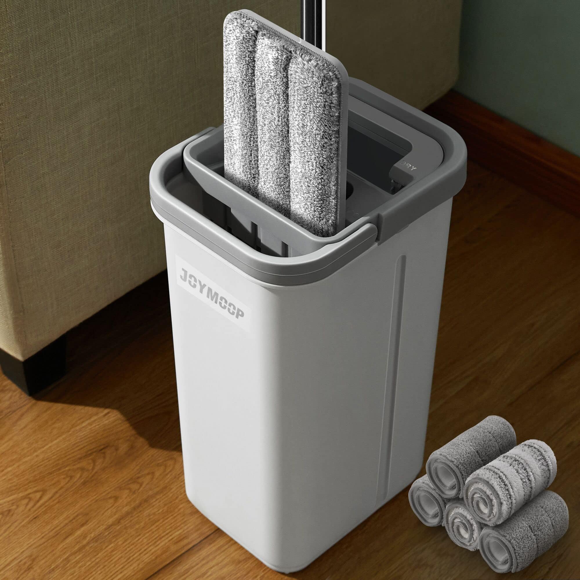 JOYMOOP Mop and Bucket Set, Hands-Free Flat Floor Mop with 3 Washable Microfiber Pads, Wet and Dry Use, Ideal for Home and Commercial Floor Cleaning