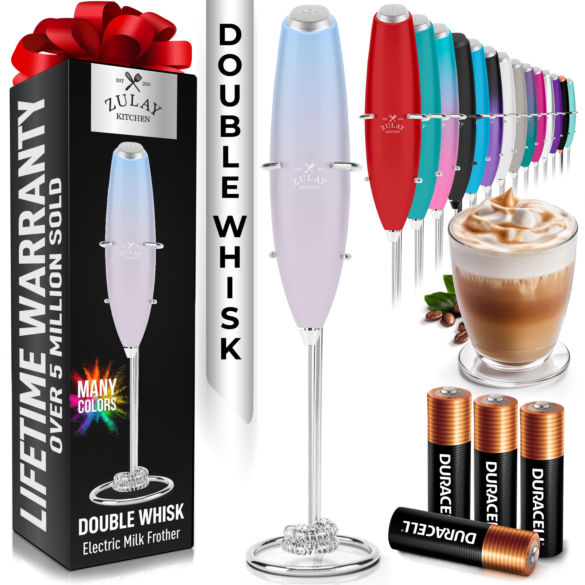 Zulay Kitchen Powerful Milk Frother Wand With Duracell Batteries - Ultra Fast Handheld Drink Mixer - Electric Whisk Foam Maker for Coffee, Lattes, Cappuccino & Matcha - Z1 Motor - Black