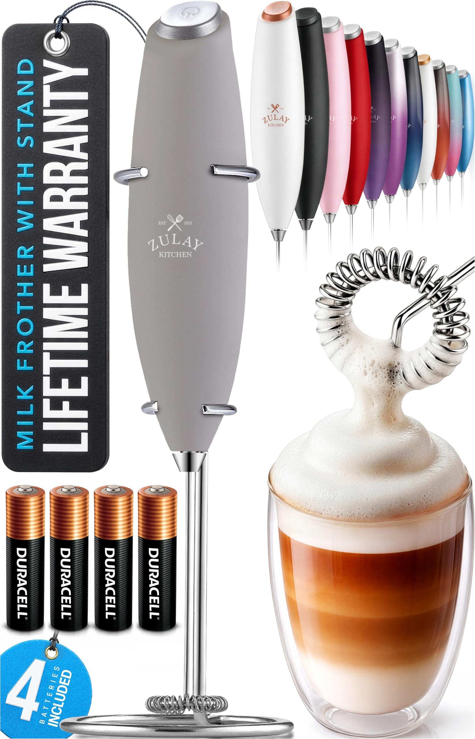 Zulay Kitchen Powerful Milk Frother Wand With Duracell Batteries - Ultra Fast Handheld Drink Mixer - Electric Whisk Foam Maker for Coffee, Lattes, Cappuccino & Matcha - Z1 Motor - Black