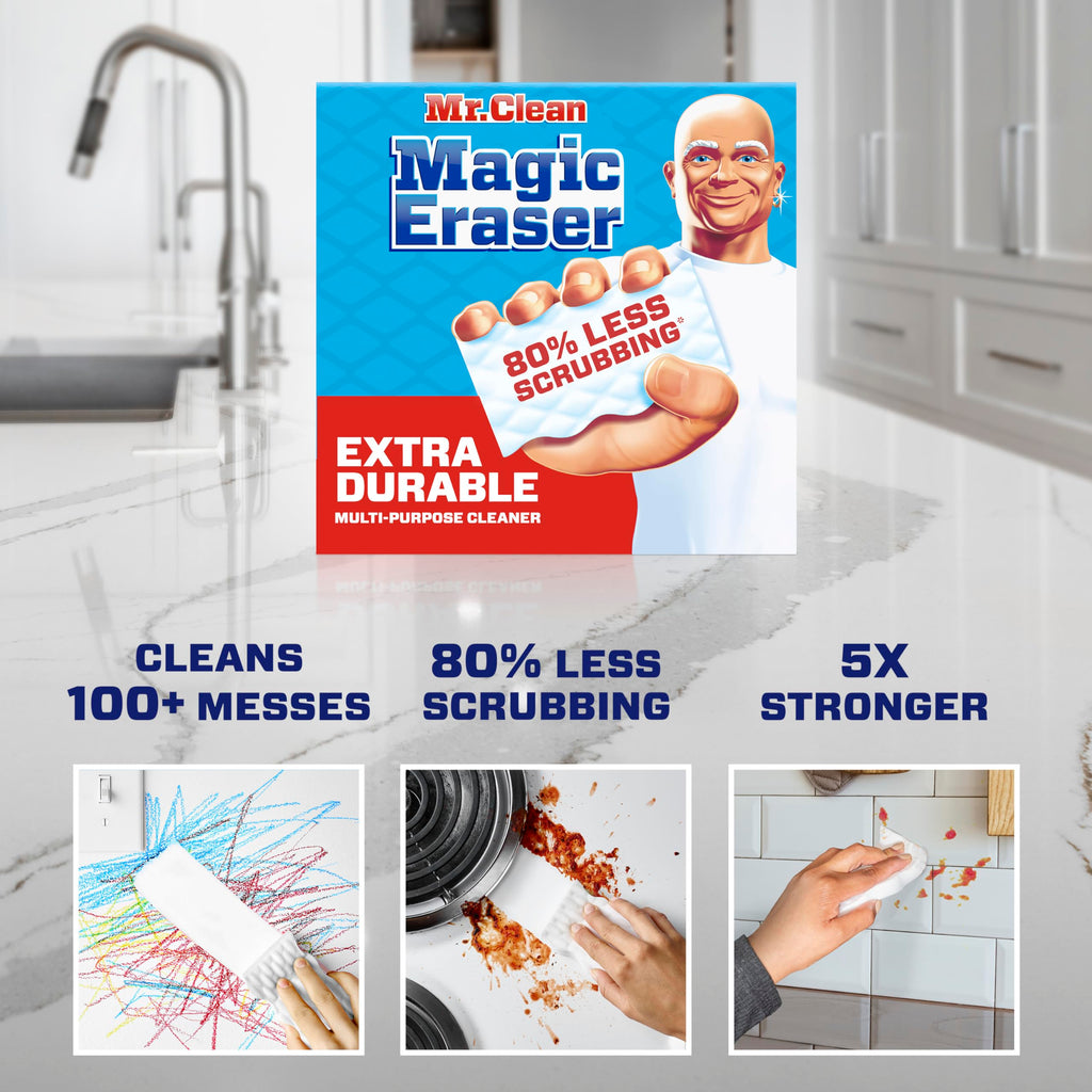 Mr. Clean Magic Eraser Sponge, All Purpose Cleaner, Cleaning Scrubber, Wall, Sneaker, Kitchen, Bathroom, Shower Cleaning Supplies, Melamine Sponge, Cleaning Pads, Whole Home Extra Durable, 12ct