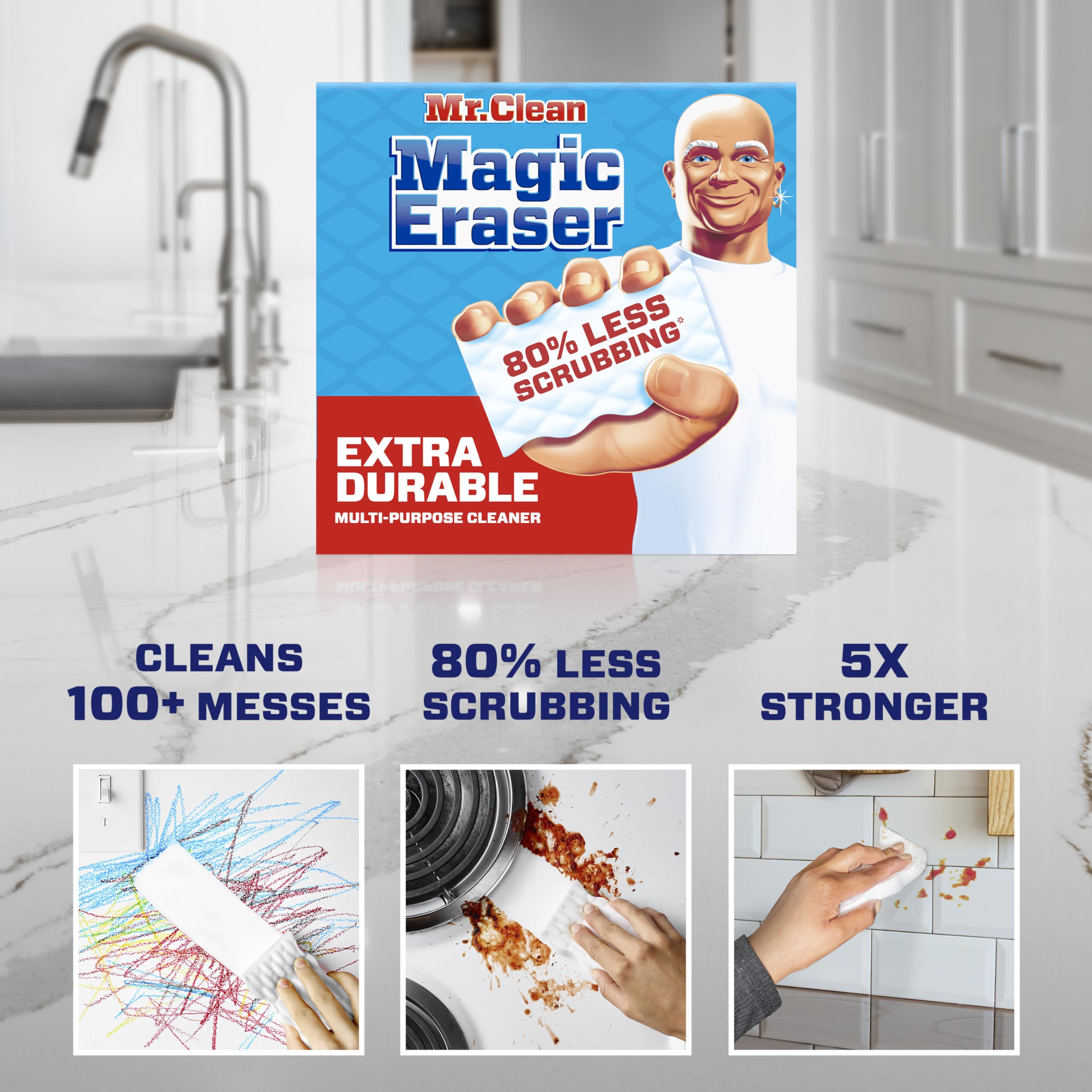Mr. Clean Magic Eraser Sponge, All Purpose Cleaner, Cleaning Scrubber, Wall, Sneaker, Kitchen, Bathroom, Shower Cleaning Supplies, Melamine Sponge, Cleaning Pads, Whole Home Extra Durable, 12ct