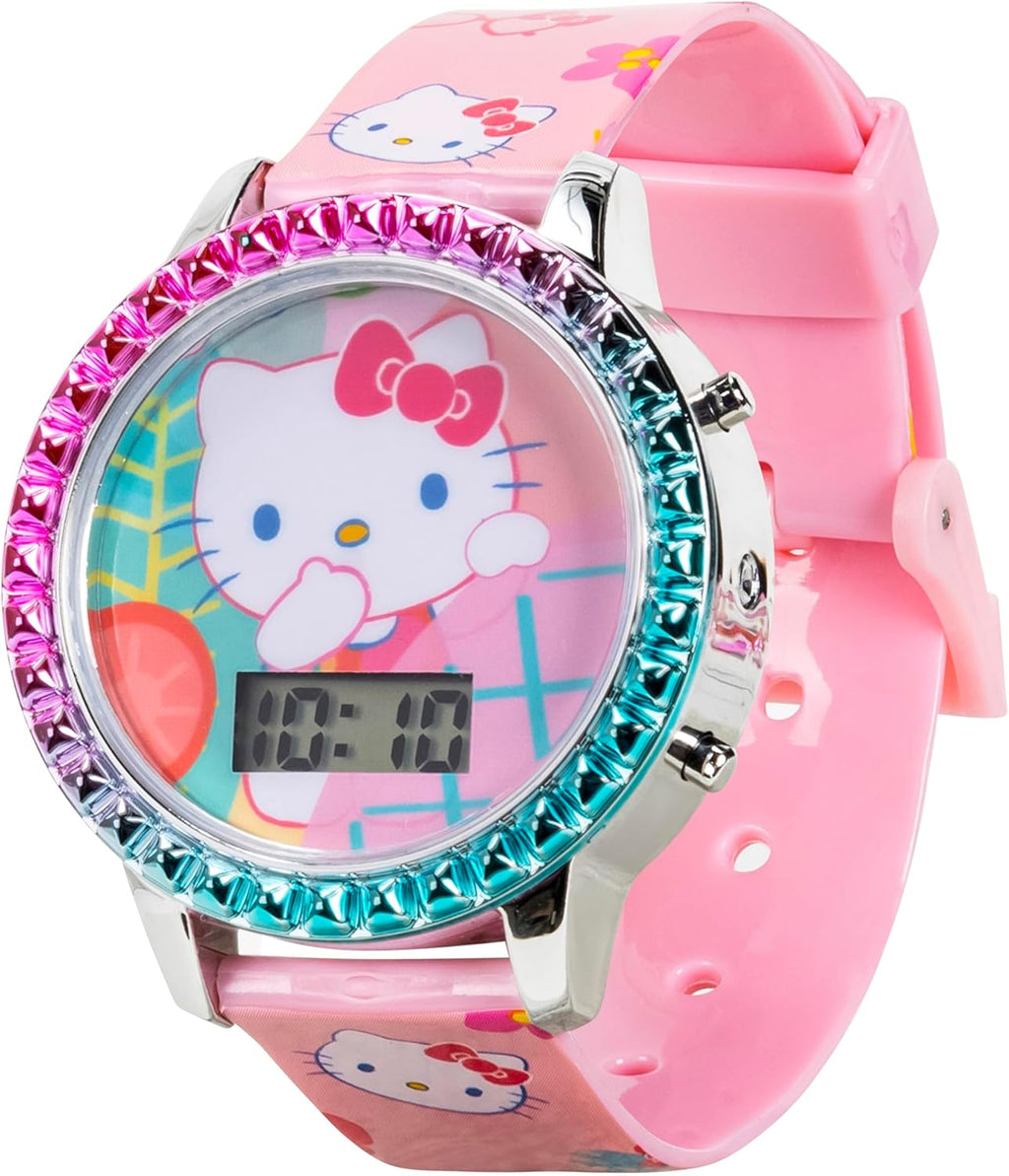 Accutime Sanrio Hello Kitty Girls' Digital LCD Quartz Watch with Pink Strap and Colorful Bezel - Fun LED Light Show - Easy to Read Time for Kids - Fits Wrist 5.5"-8"