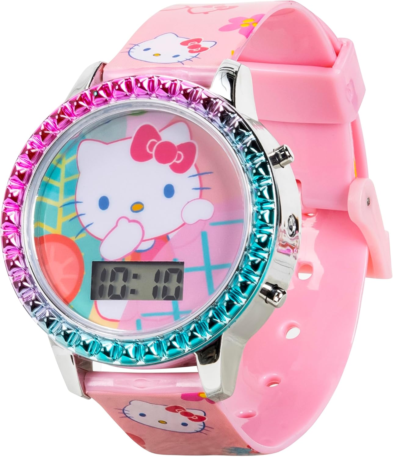 Accutime Sanrio Hello Kitty Girls' Digital LCD Quartz Watch with Pink Strap and Colorful Bezel - Fun LED Light Show - Easy to Read Time for Kids - Fits Wrist 5.5"-8"