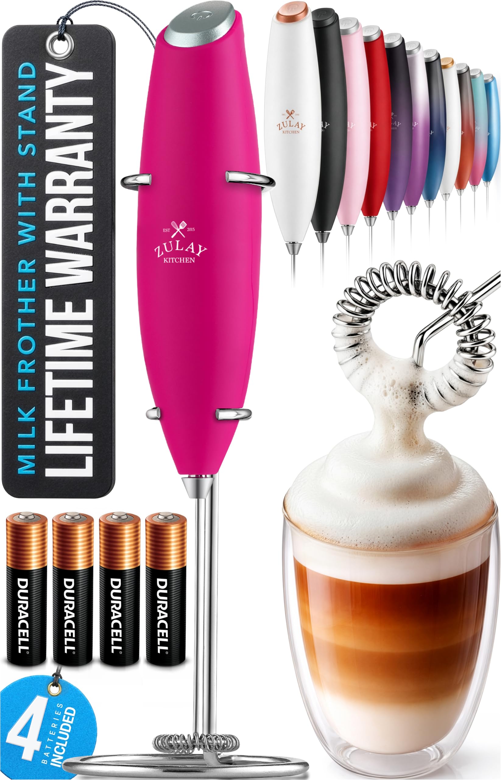 Zulay Kitchen Powerful Milk Frother Wand With Duracell Batteries - Ultra Fast Handheld Drink Mixer - Electric Whisk Foam Maker for Coffee, Lattes, Cappuccino & Matcha - Z1 Motor - Black