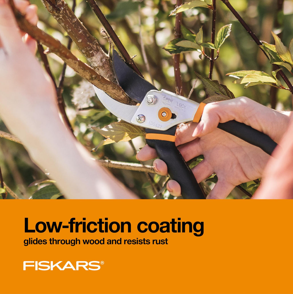 Fiskars Bypass Pruning Shears, 5/8" Cut Capacity Gardening Scissors, Self-Cleaning Sap Groove Prevents Sticking, Non-Slip Grip for Cutting Stems & Branches, Sharp Steel Blades w/ Low-Friction Coating
