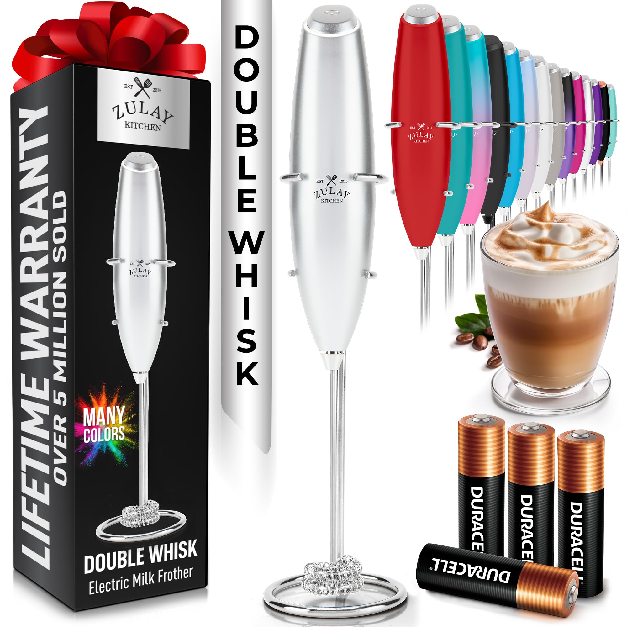 Zulay Kitchen Powerful Milk Frother Wand With Duracell Batteries - Ultra Fast Handheld Drink Mixer - Electric Whisk Foam Maker for Coffee, Lattes, Cappuccino & Matcha - Z1 Motor - Black