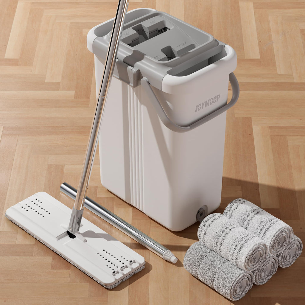 JOYMOOP Mop and Bucket Set, Hands-Free Flat Floor Mop with 3 Washable Microfiber Pads, Wet and Dry Use, Ideal for Home and Commercial Floor Cleaning