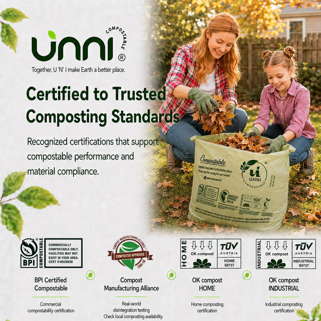 UNNI Compostable Trash Bags, 2.6 Gallon / 9.84 Liter, 100 Count, Extra Thick 0.71 Mil Small Kitchen Food Scrap Bin Liners, Certified by BPI, CMA & OK compost HOME, Meets the ASTM D6400 Standard