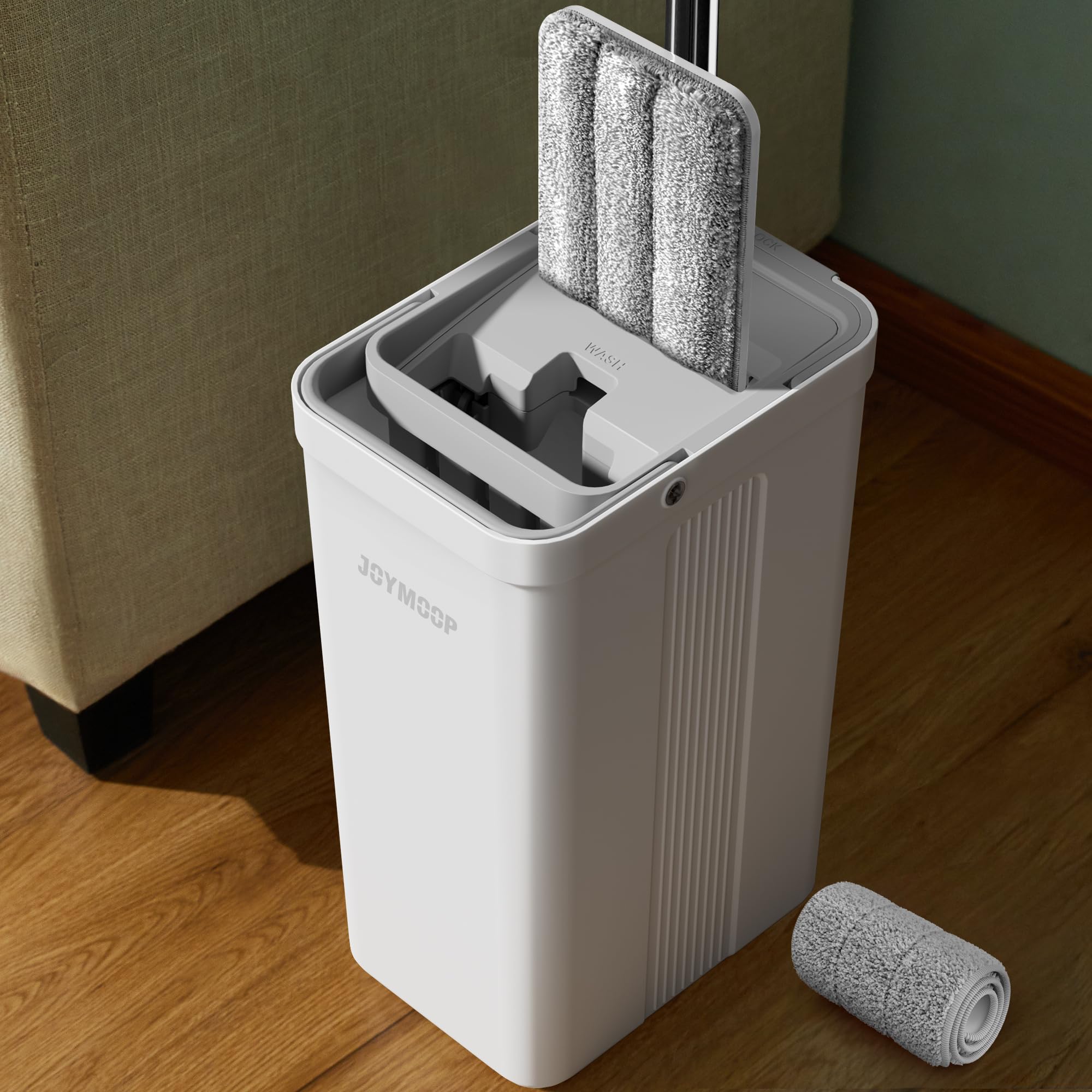 JOYMOOP Mop and Bucket Set, Hands-Free Flat Floor Mop with 3 Washable Microfiber Pads, Wet and Dry Use, Ideal for Home and Commercial Floor Cleaning