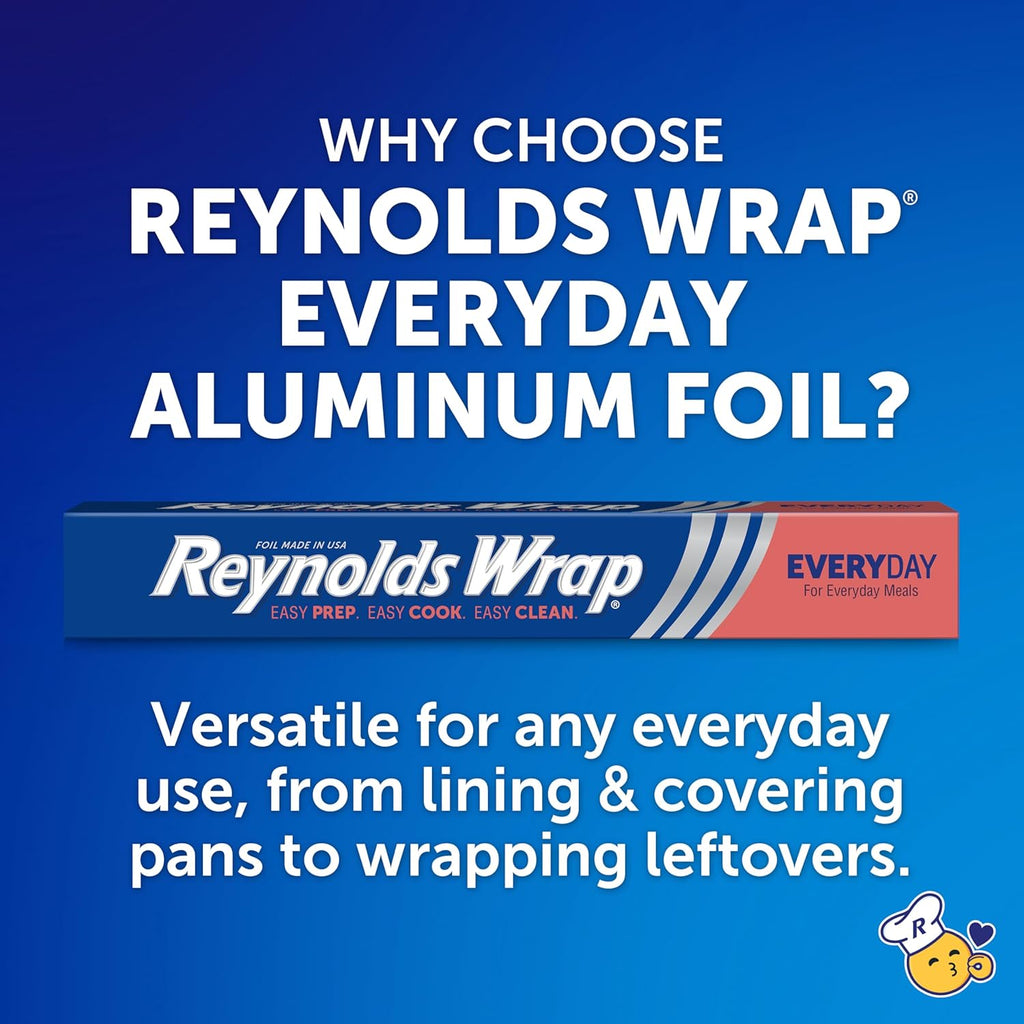 Reynolds Wrap Everyday Strength Aluminum Foil Roll, Freezer Safe and Grill Safe, Great for Foil Packets and Home Cooking, 12 Inches Wide, 200 Total Sq. Ft.