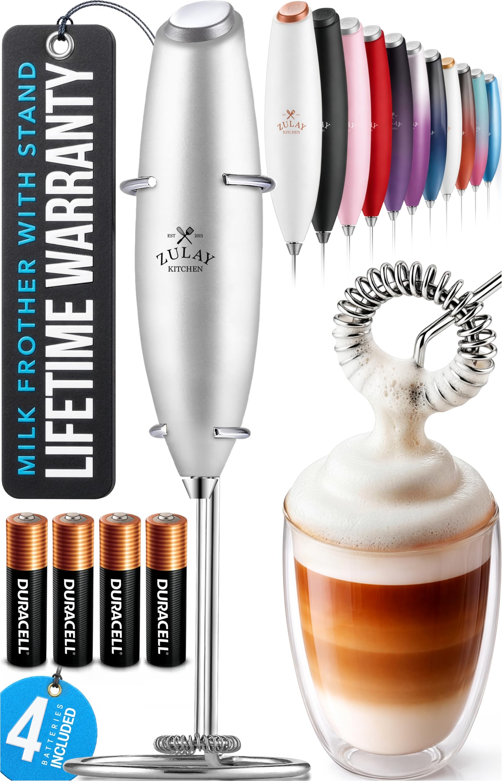 Zulay Kitchen Powerful Milk Frother Wand With Duracell Batteries - Ultra Fast Handheld Drink Mixer - Electric Whisk Foam Maker for Coffee, Lattes, Cappuccino & Matcha - Z1 Motor - Black