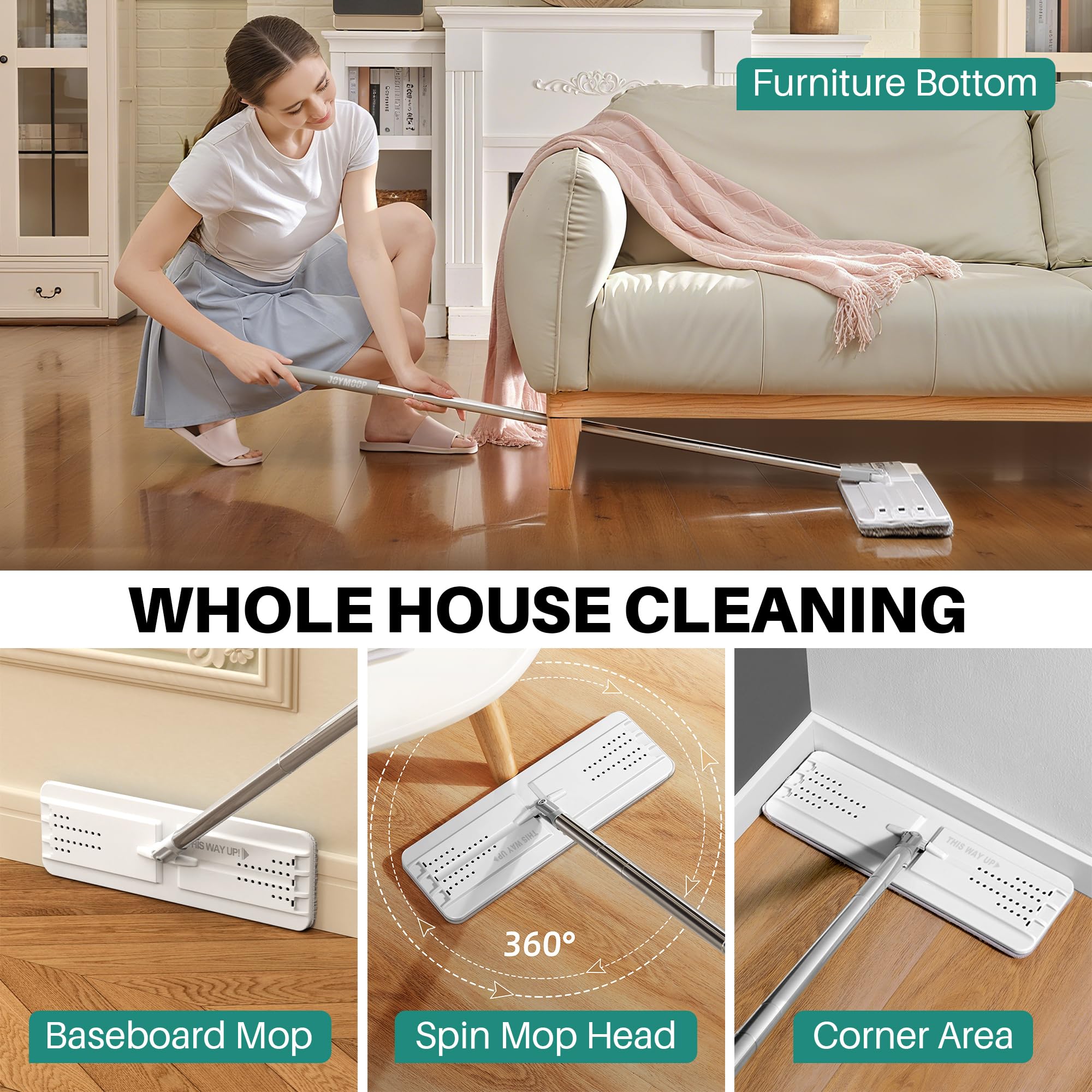 JOYMOOP Mop and Bucket Set, Hands-Free Flat Floor Mop with 3 Washable Microfiber Pads, Wet and Dry Use, Ideal for Home and Commercial Floor Cleaning