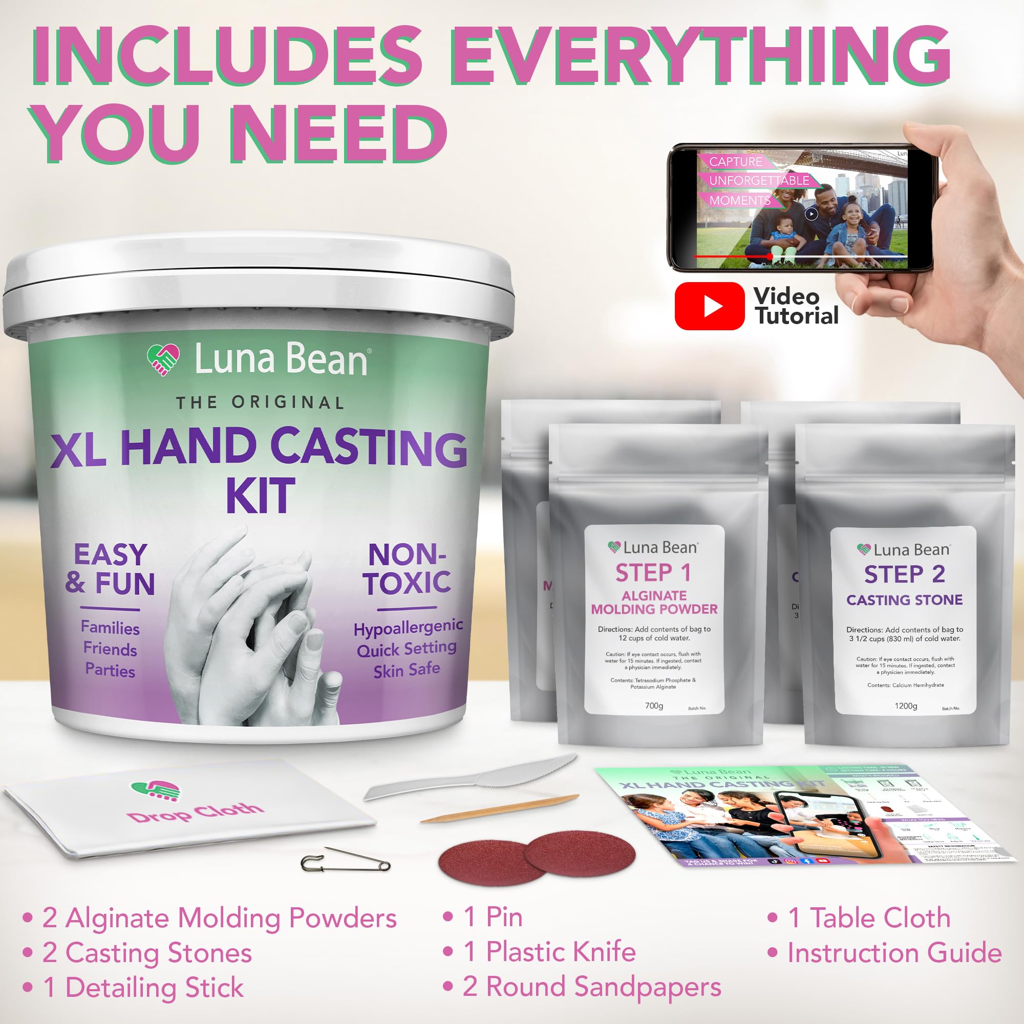 Luna Bean Hand Casting Kit – The Original Hand Mold Kit for Couples – Gifts for Him and Her - Anniversary Engagement Birthday Gifts for Women Men Mom Wife Boyfriend Girlfriend Wedding Bridal Shower