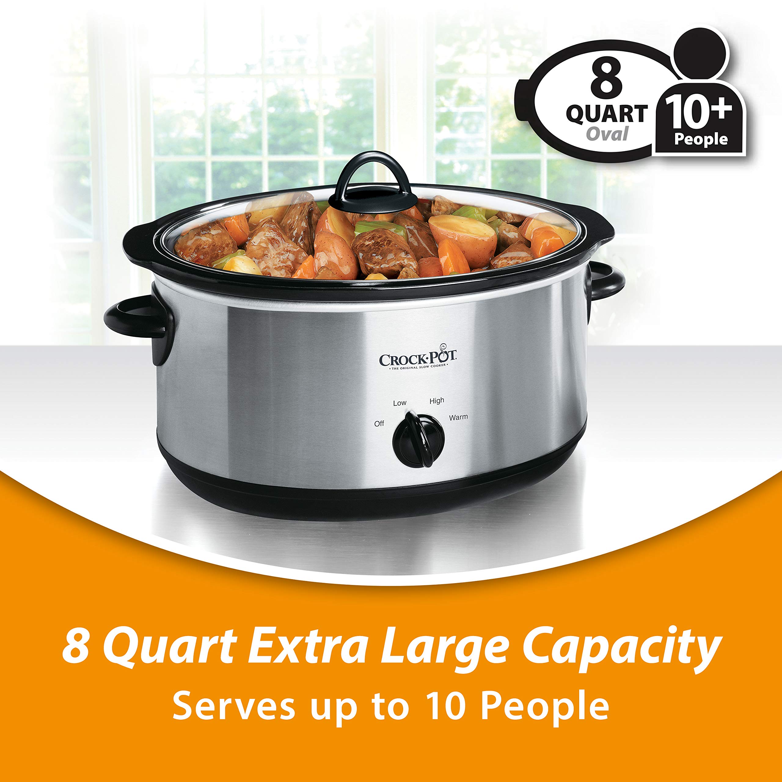 Crock-Pot 7-Quart Manual Slow Cooker, Family Size Serves 8+ People & Fits 6-lb Roast, Removable Stoneware with Warming Setting, Dishwasher Safe for Easy Cleanup, Stainless Steel