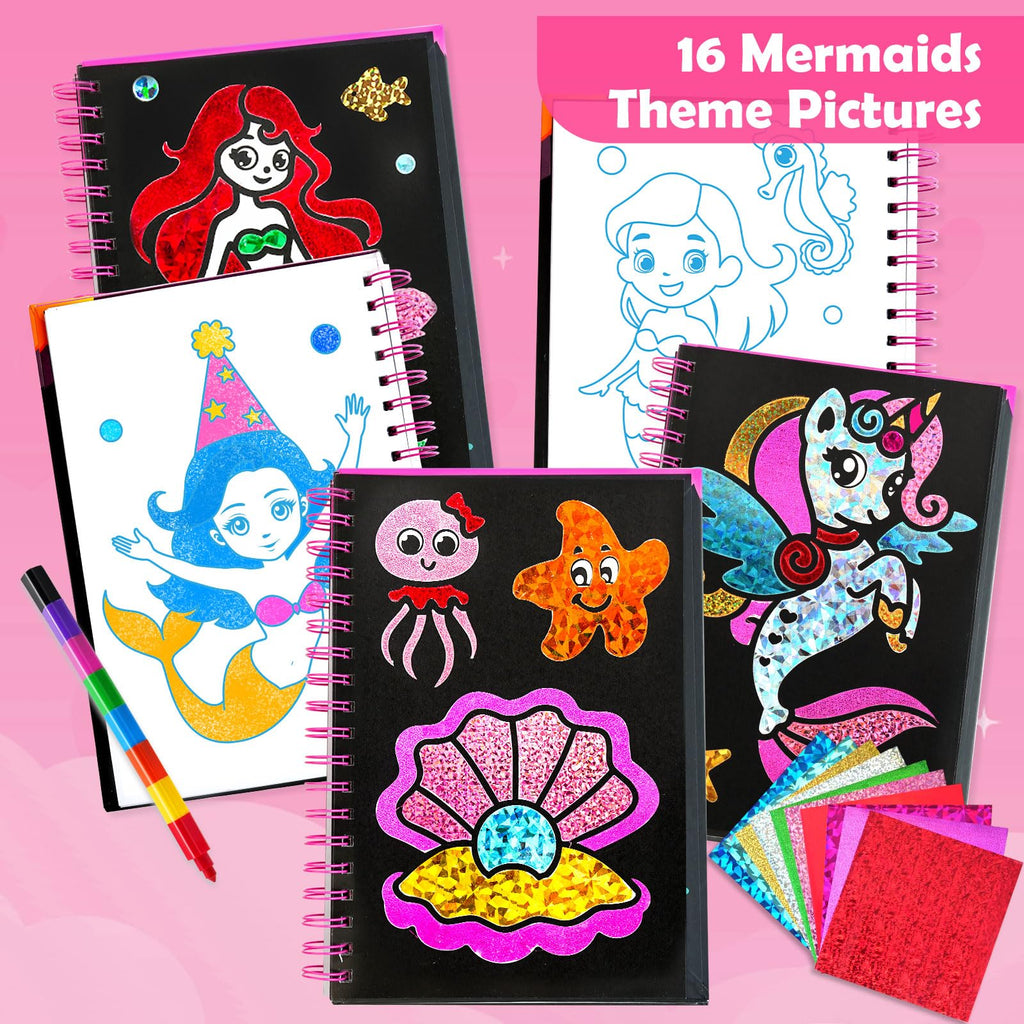 FUNNYB&G Foil Art Craft Kit for Girls 4-10 Years Old: Mess-Free & No-Glue, Create 16 Sparkly Princess Unicorn Pictures – Perfect Travel Toy & Birthday Gift for Kids (Princess)